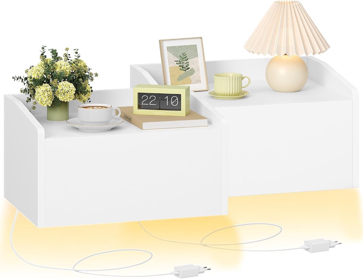 Hzuaneri Zwevend nachtkastje, set van 2, met ledlicht, nachtkastje, wandtafel, 1 lade, bijzettafel met lade, modern design voor slaapkamer en woonkamer, 30 x 40 x 22,5 cm, wit