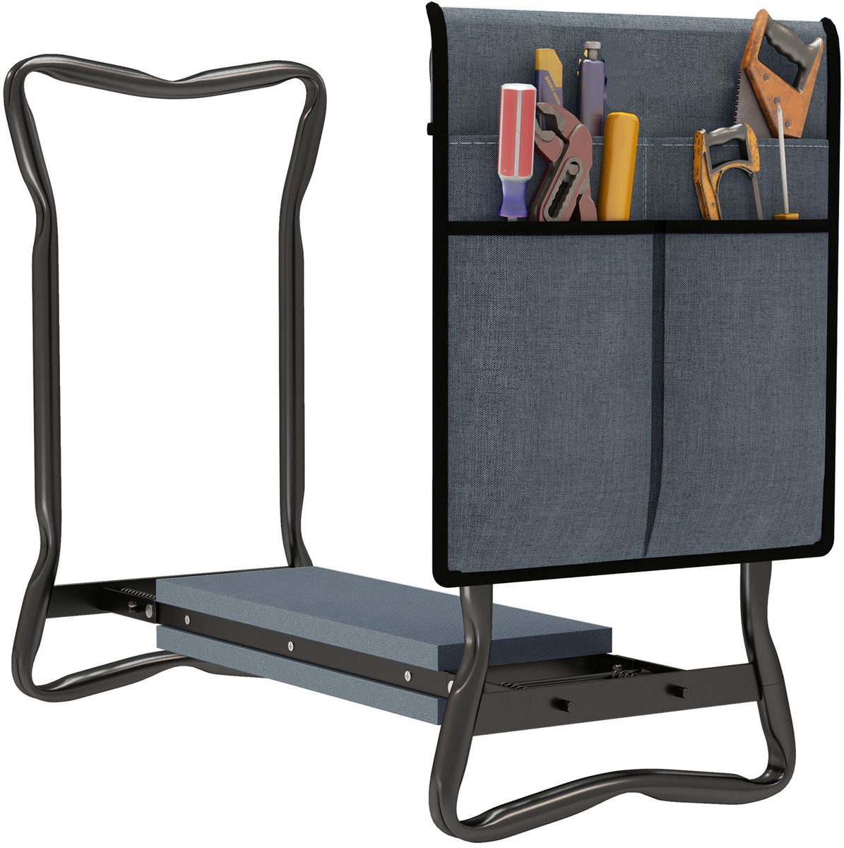 TEKROA® Tuinkrukje - Kniebank Inklapbaar - Inclusief Dik Kussen en Afneembare Gereedschapstas - Van 5,5 cm Dik schuimkussen - Tot 150 kg - 58x28x49 cm