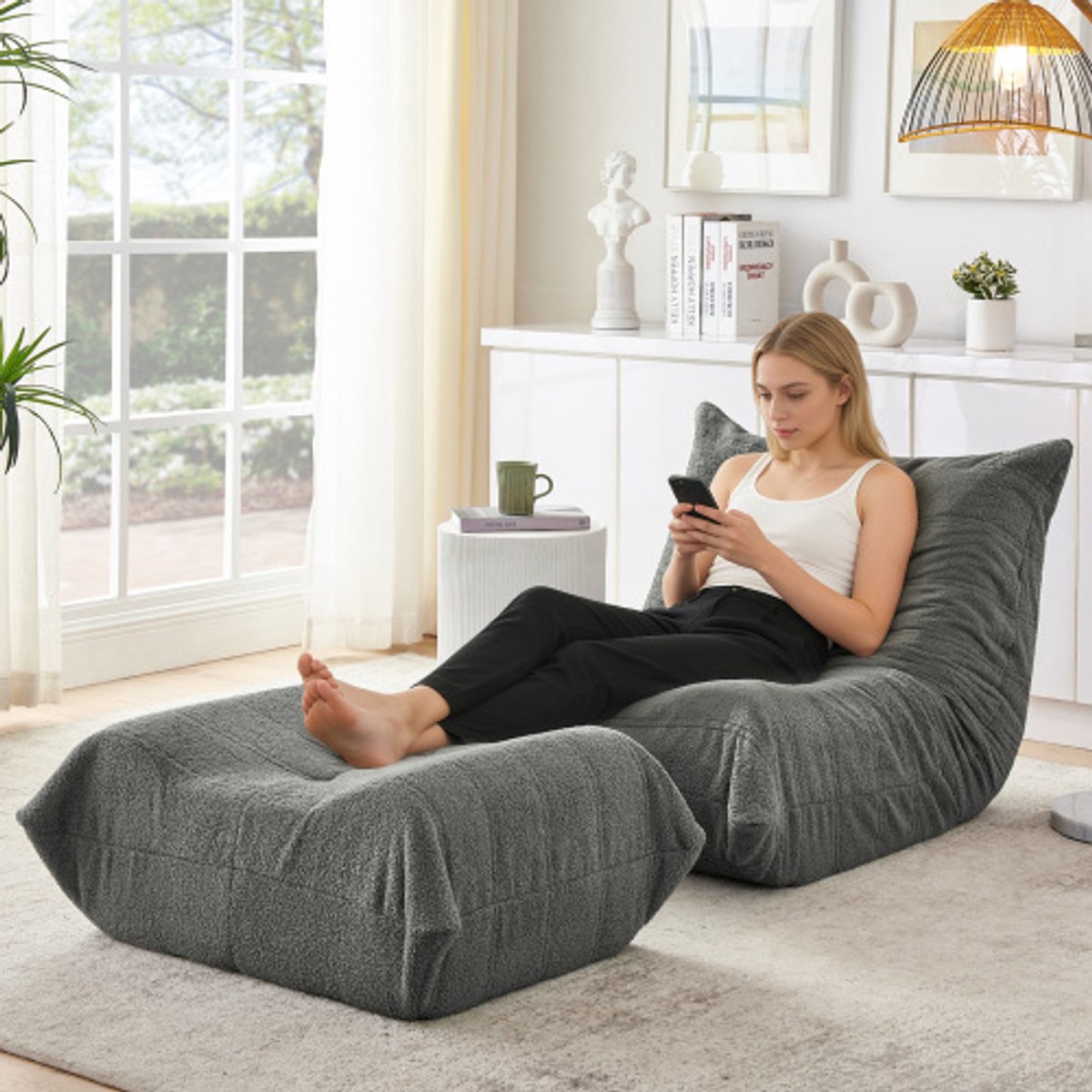 Luie bank met rugleuning en voetenbankje, relaxfauteuil, zachte teddybeer zitzak vloerstoel om te lezen, comfortabele eenpersoons vloerbank voor woonkamer, slaapkamer, studeerkamer, appartement, grijs