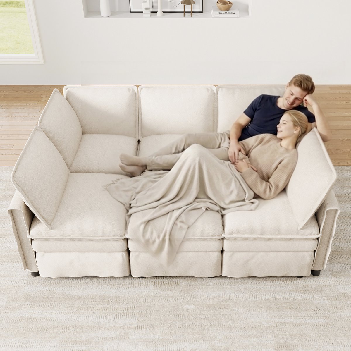 Hoekbank met slaapfunctie - U- of L-vorm - met verplaatsbare voetenbank - dubbele kussens - modern afgewerkte randen - beige