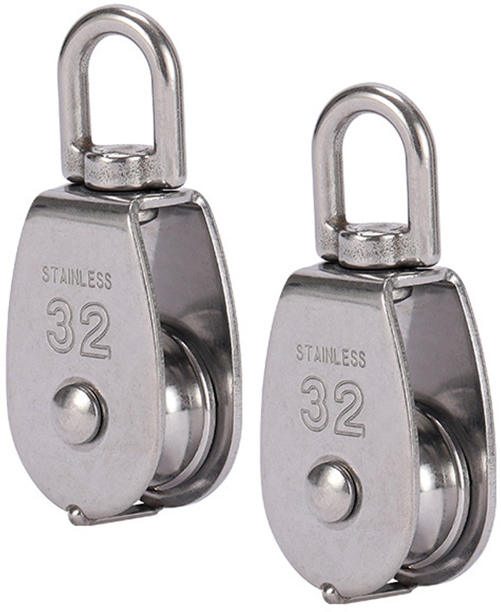 longziming -Katrol Set – Katrolwiel – Enkele Katrol – RVS – Draaibare Oogbevestiging – 360° Roterend – Corrosiebestendig – Voor Touw en Kabelsystemen – 32 mm – Set van 2