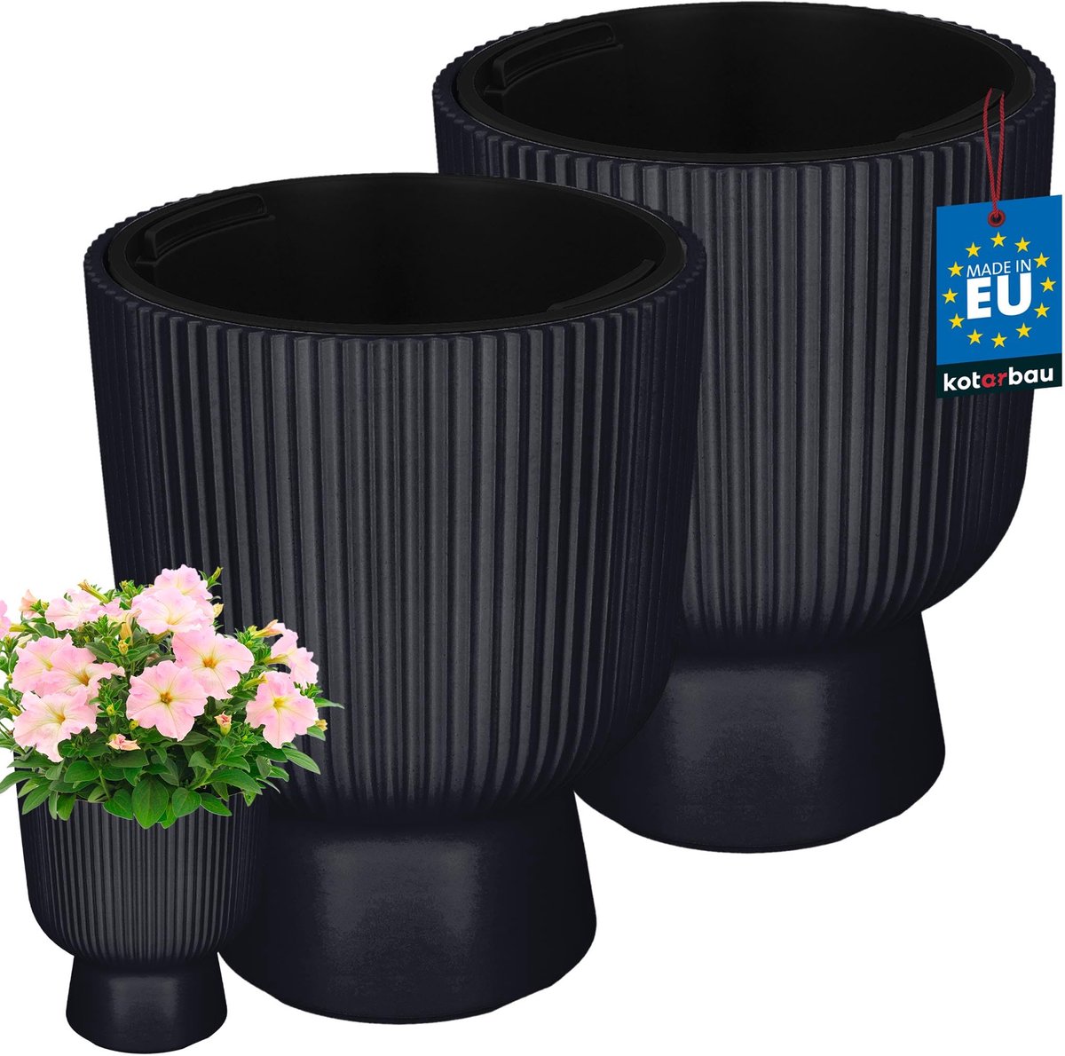 KOTARBAU® 2 Stuks - Bloempot - Plantenpot Ø 23 cm - met Binnenpot - Geribbelde Plantenbak - Plantenpot met Voet - Plantenbak - Kunststof - H: 30 cm - Anthrazit