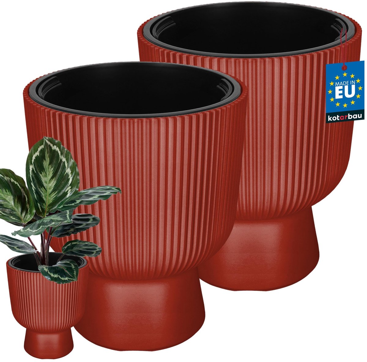 KOTARBAU® 2 Stuks - Bloempot - Plantenpot Ø 29 cm - met Binnenpot - Geribbelde Plantenbak - Plantenpot met Voet - Plantenbak - Kunststof - H: 36 cm - Baksteen