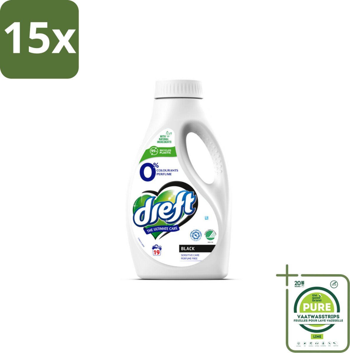15 x Dreft - Vloeibaar Wasmiddel - 0% Donkere Was - Kleurbescherming - 19 Wasbeurten - Grootverpakking - Wasmiddel Donkere Kleding - Wasmiddel Gevoelige Huid - Parfumvrij Wasmiddel - Biologisch Wasmiddel - Milieuvriendelijk Wasmiddel