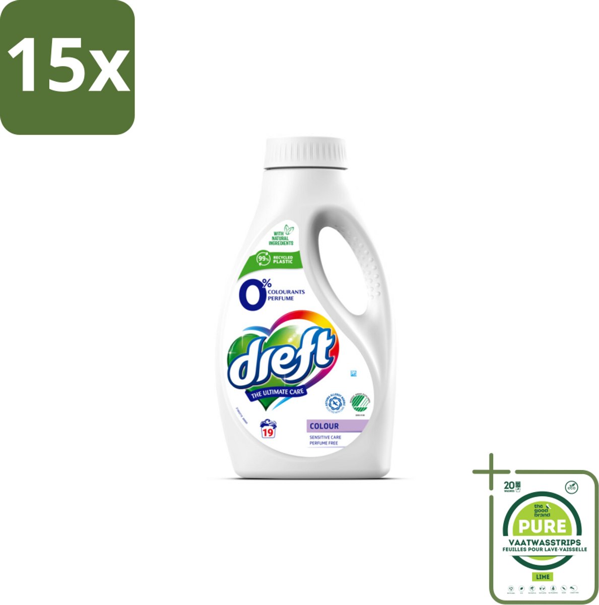 15 x Dreft - Vloeibaar Wasmiddel - 0% Gekleurde Was - Hypoallergeen - 19 Wasbeurten - Grootverpakking - Wasmiddel - Gekleurde Was - Gevoelige Huid - Parfumvrij - Natuurlijke Ingrediënten