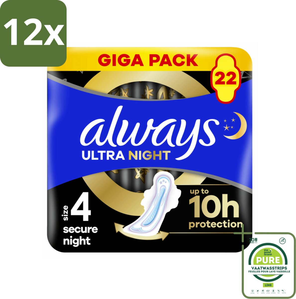 Always – Maandverband – Ultra Secure Night – 22 stuks per verpakking - Voordeelverpakking - 12 stuks - Maandverband nacht - Nachtmaandverband
