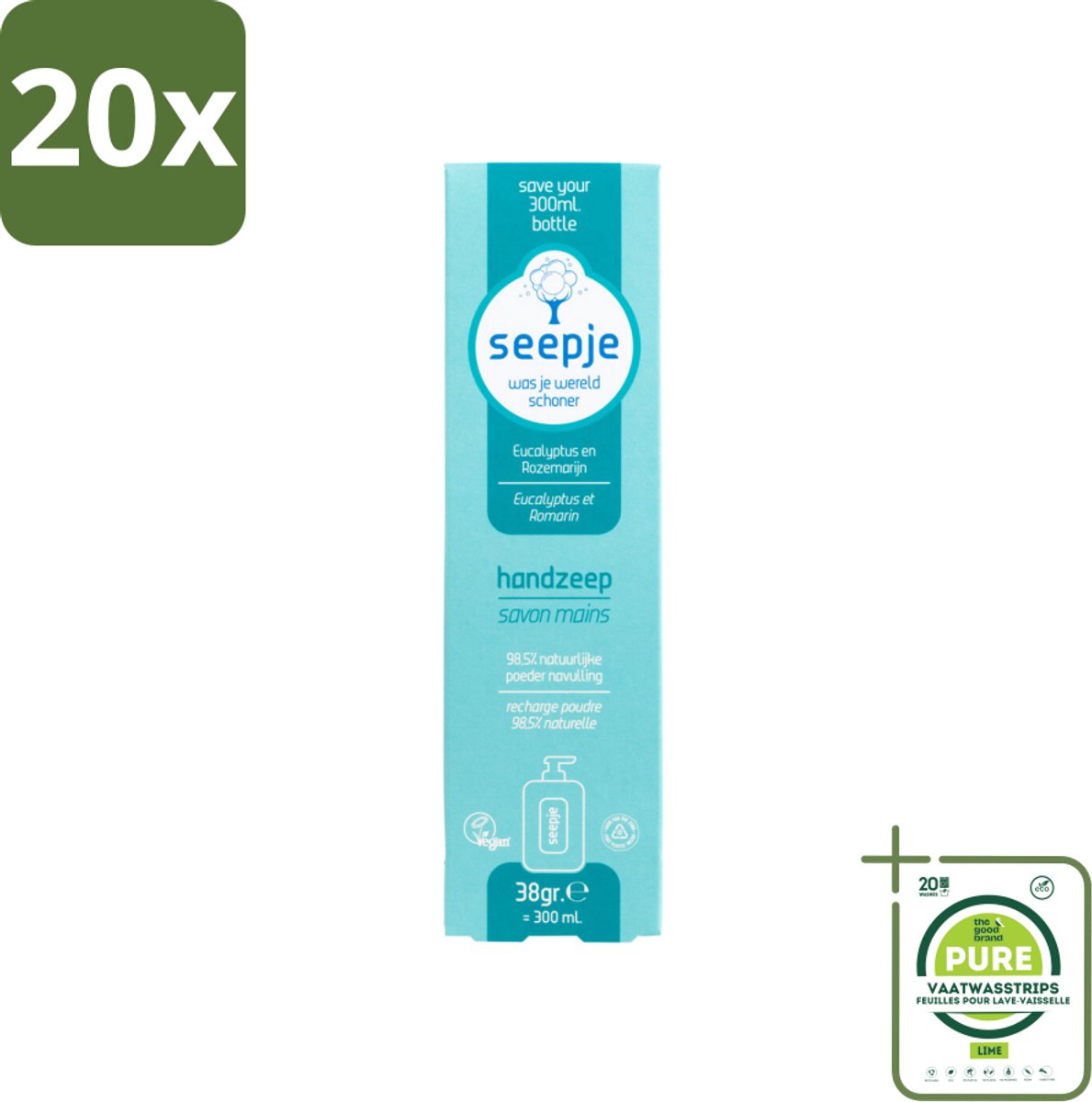 20 x Seepje - Handzeep - Natuurlijke Geur & Verzorging - Eucalyptus en Rozemarijn - Navulverpakking - 34 g - Grootverpakking - Handzeep - Navulverpakking - Eucalyptus - Rozemarijn - Natuurlijke Ingrediënten