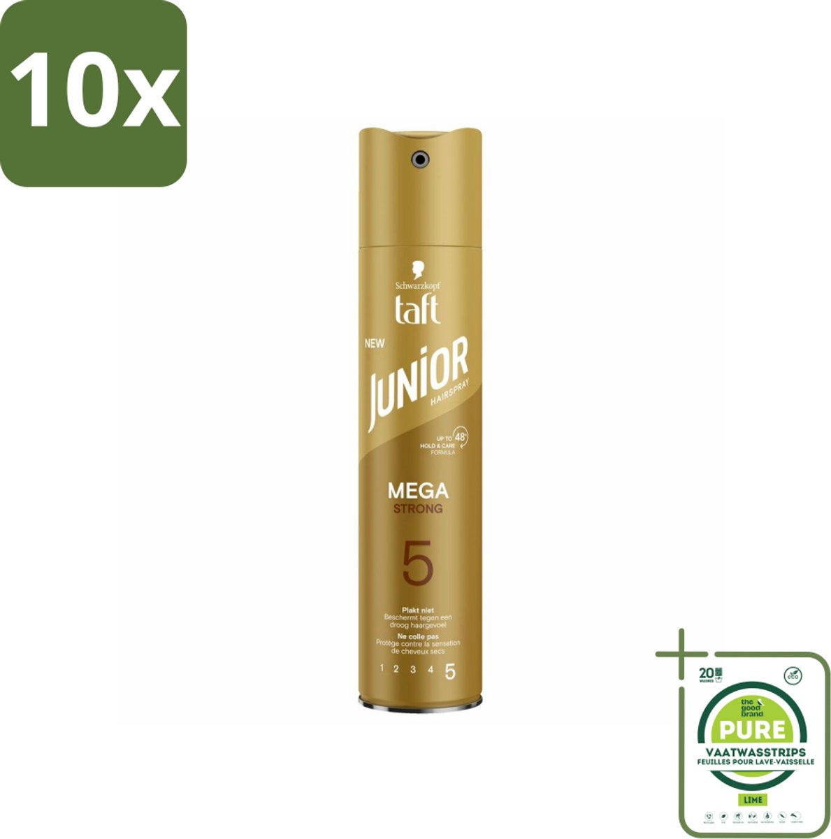 10 x Taft - Mega Strong 5 - Junior Haarspray - Extra sterke hold voor kids - 250 ml - Grootverpakking - Haarspray - Sterke Fixatie - Milde Haarspray - Vegan Haarspray - Haarspray Voor Kinderen