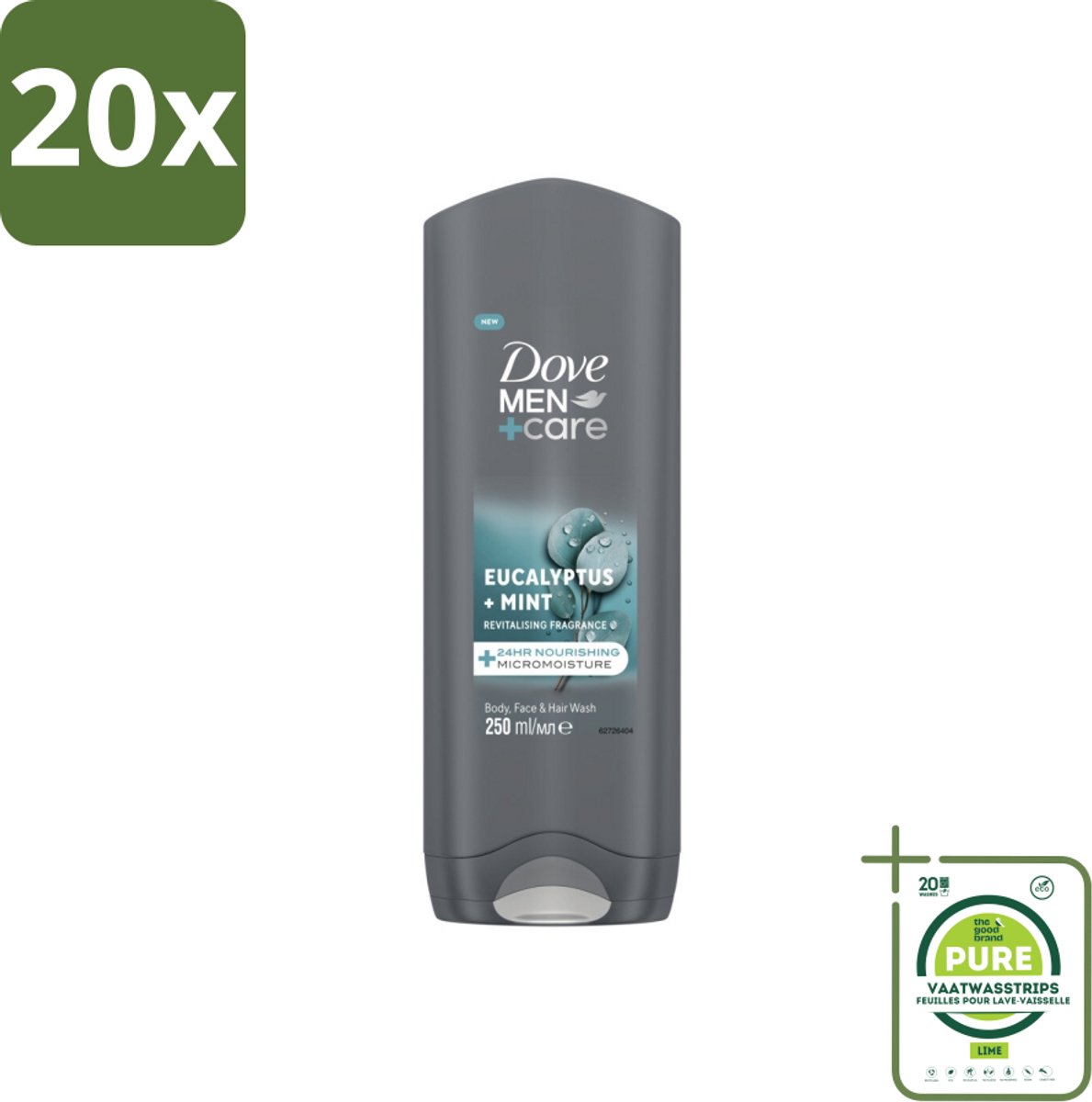 20 x Dove Men+Care Douchegel - Eucalyptus & Mint - 250 ml - Grootverpakking - Douchegel - Mannen - Verzorging - Hydratatie - Eucalyptus