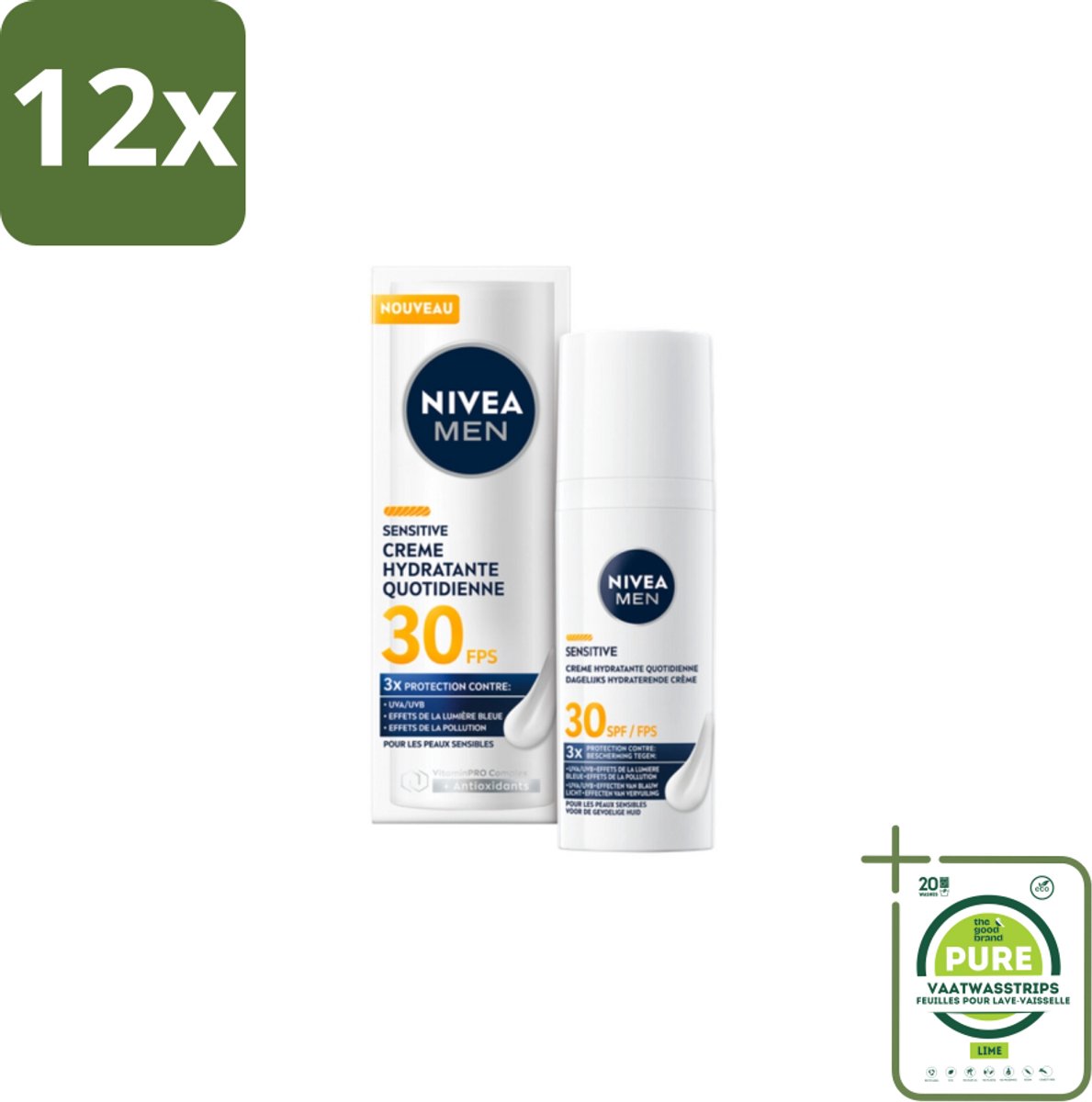 NIVEA MEN – Gezichtscrème – Sensitive, Gevoelige huid, SPF30 – 50 ml - Voordeelverpakking - 12 stuks - Gevoelige huid - Hydraterende crème