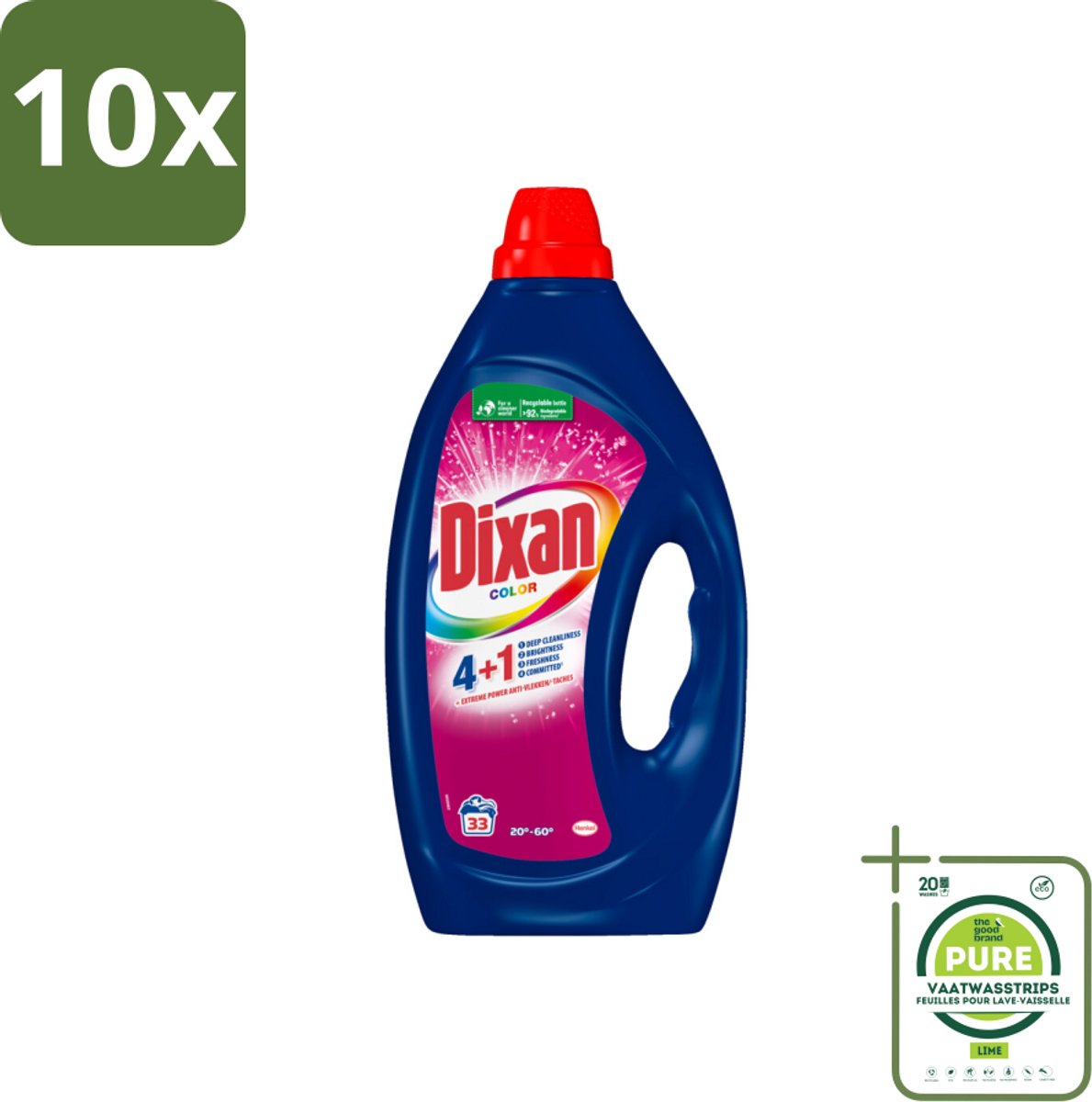 10 x Dixan - Vloeibaar wasmiddel - Voor gekleurde was - 33 wasbeurten - Grootverpakking - Wasmiddel - Gekleurde Was - Dixan - Wasverzachter - Kleurbescherming