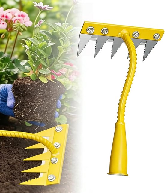 Tuinhark Onkruidsteker - Onkruidverdelger Hark - Bodem Losmaken - Gekarteld Tandontwerp - 5 Tanden - Geel — afbeelding 5