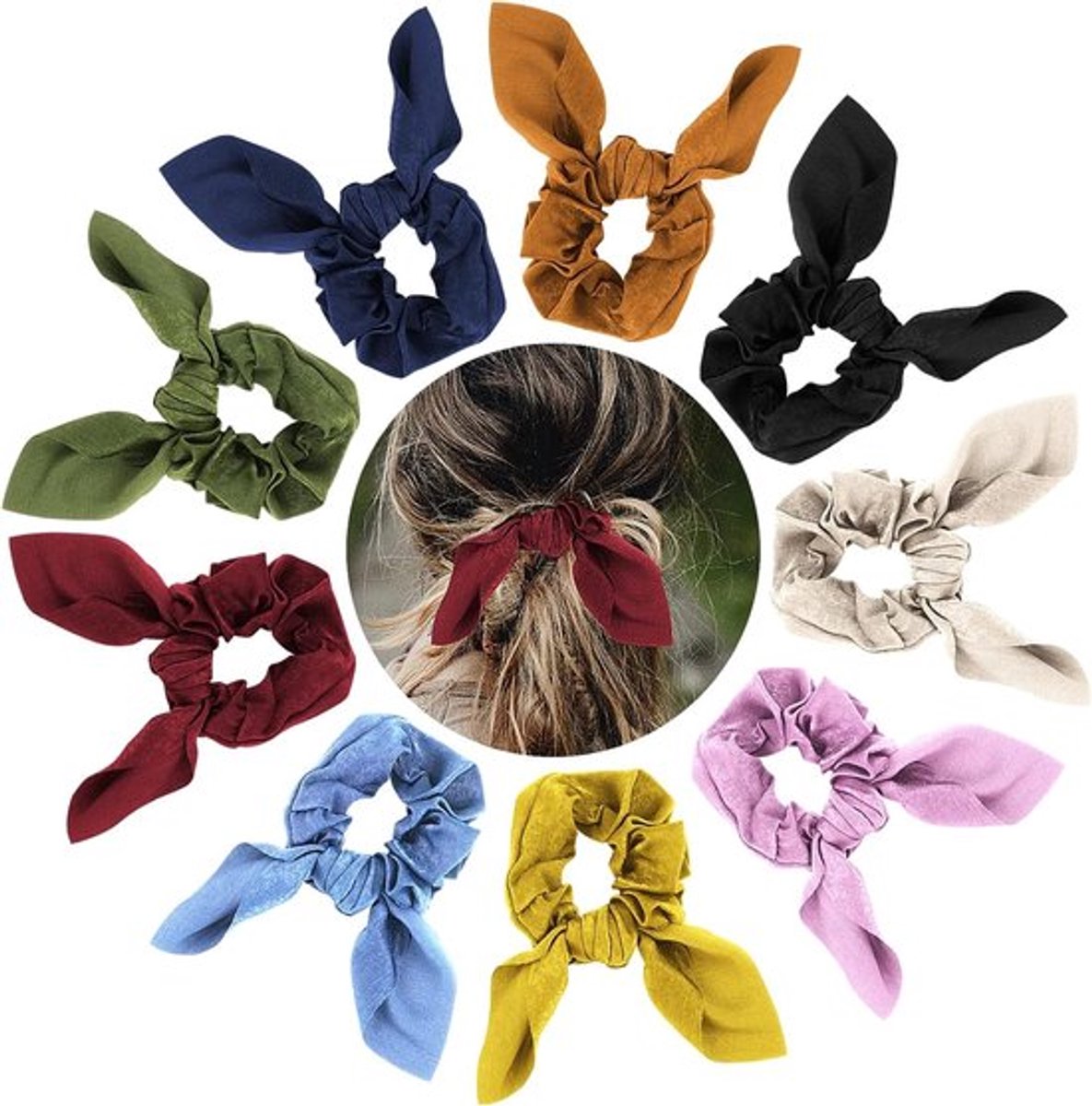 9-delige Set Haarelastieken met Konijnenoren en Zijde, Perfect voor Vrouwen en Meisjes, Ideaal voor Ponytails en Haarstijlen