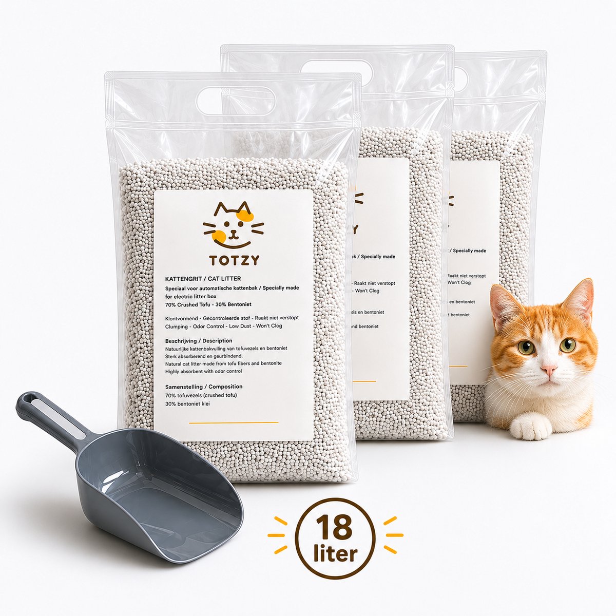 TOTZY Premium Kattenbakvulling crushed Tofu & Bentoniet - Speciaal voor Automatische kattenbakken - klontvormend- stofvrij - 3 x 6 liter + katten bak vul schep
