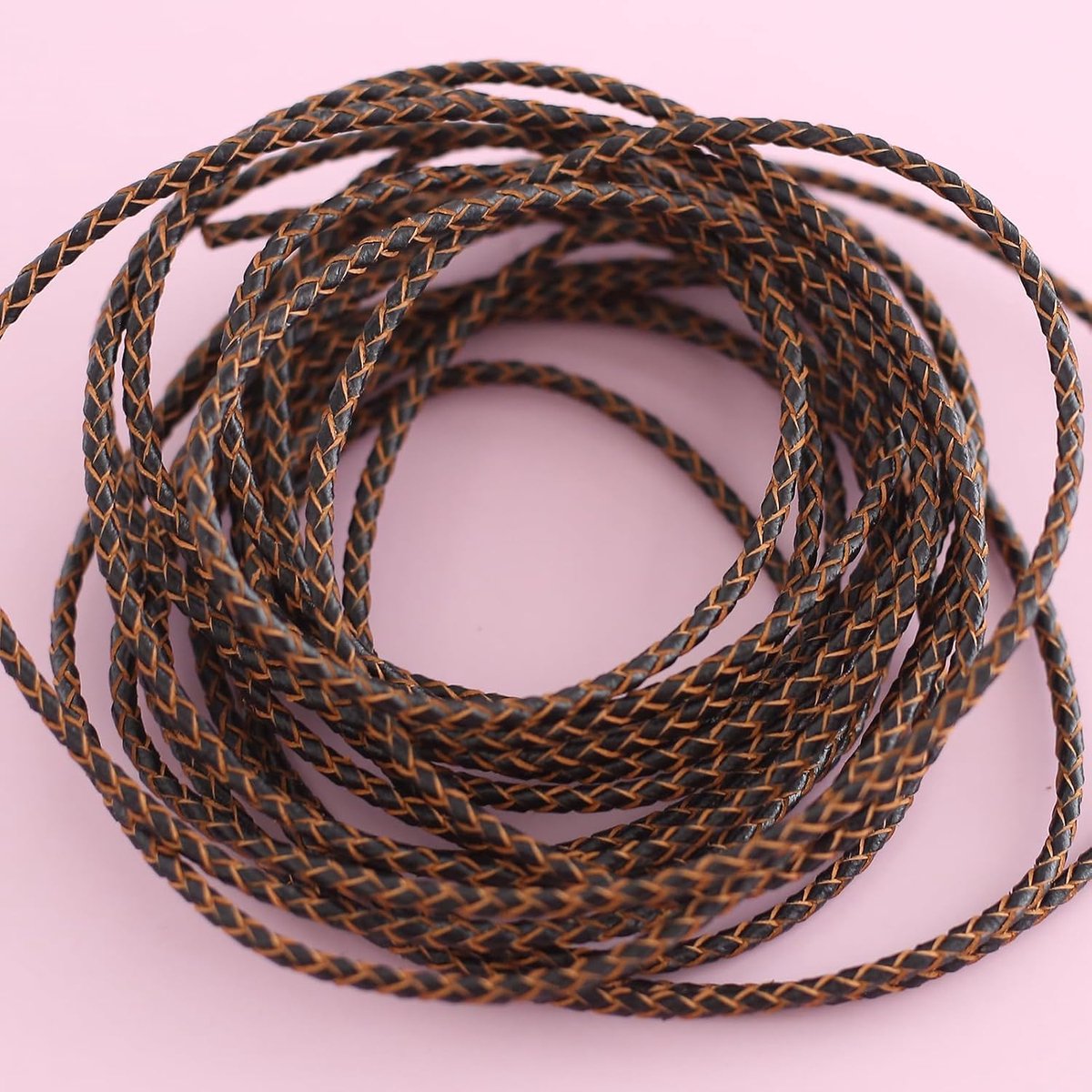 YIEUR 5m Braided Leather Cord, Black-Beige Leather Necklace, 3mm Round Leather Belt, Colorful Genuine Leather Band - ShopVlot
