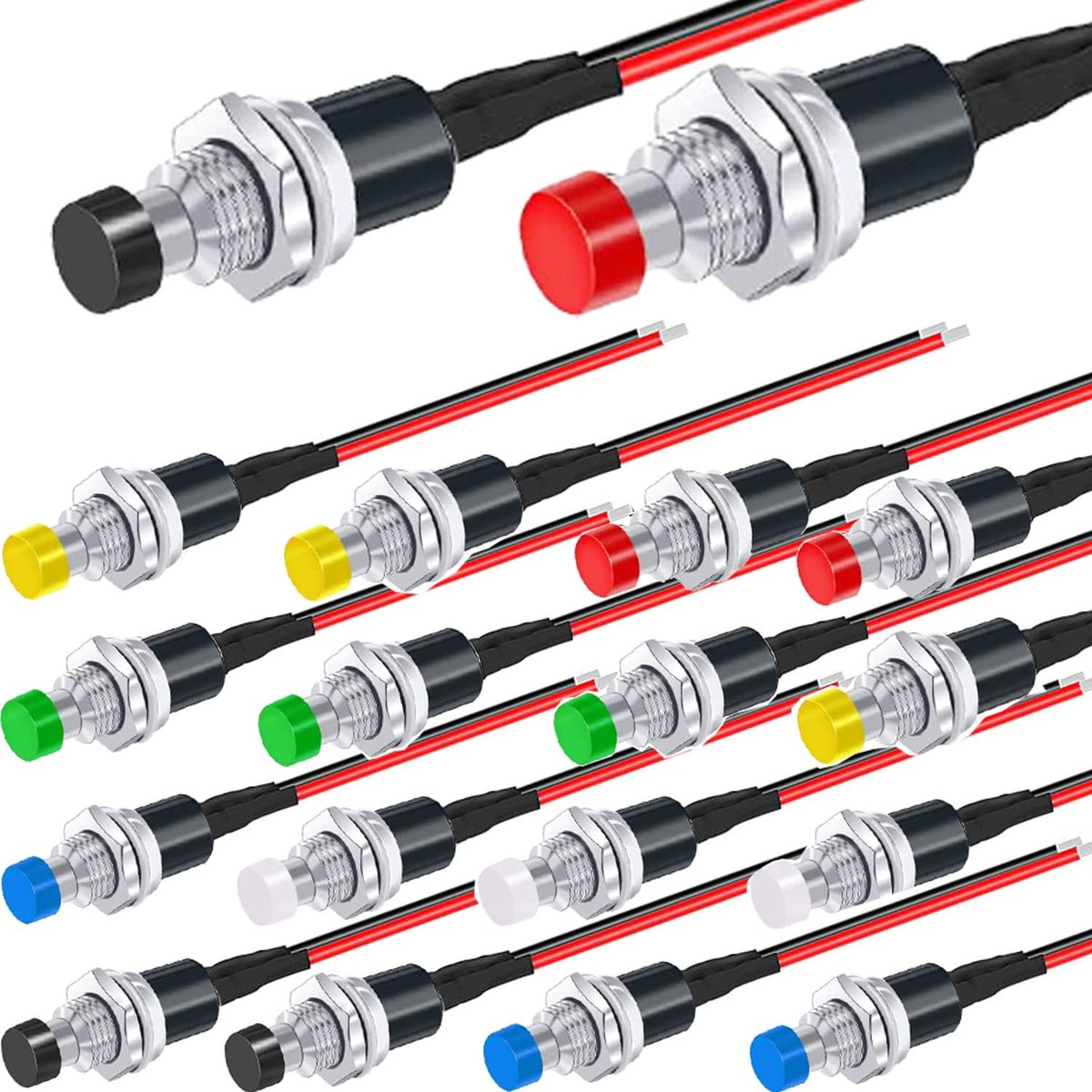 SnelShoppen - 18pcs Mini Ronde Momentane Drukknoppen 3V-6V-12V-24V, 7mm Voorbedrade Mini Drukschakelaar, 2 Pin Ronde Drukknop (Rood/Groen/Geel/Zwart/B