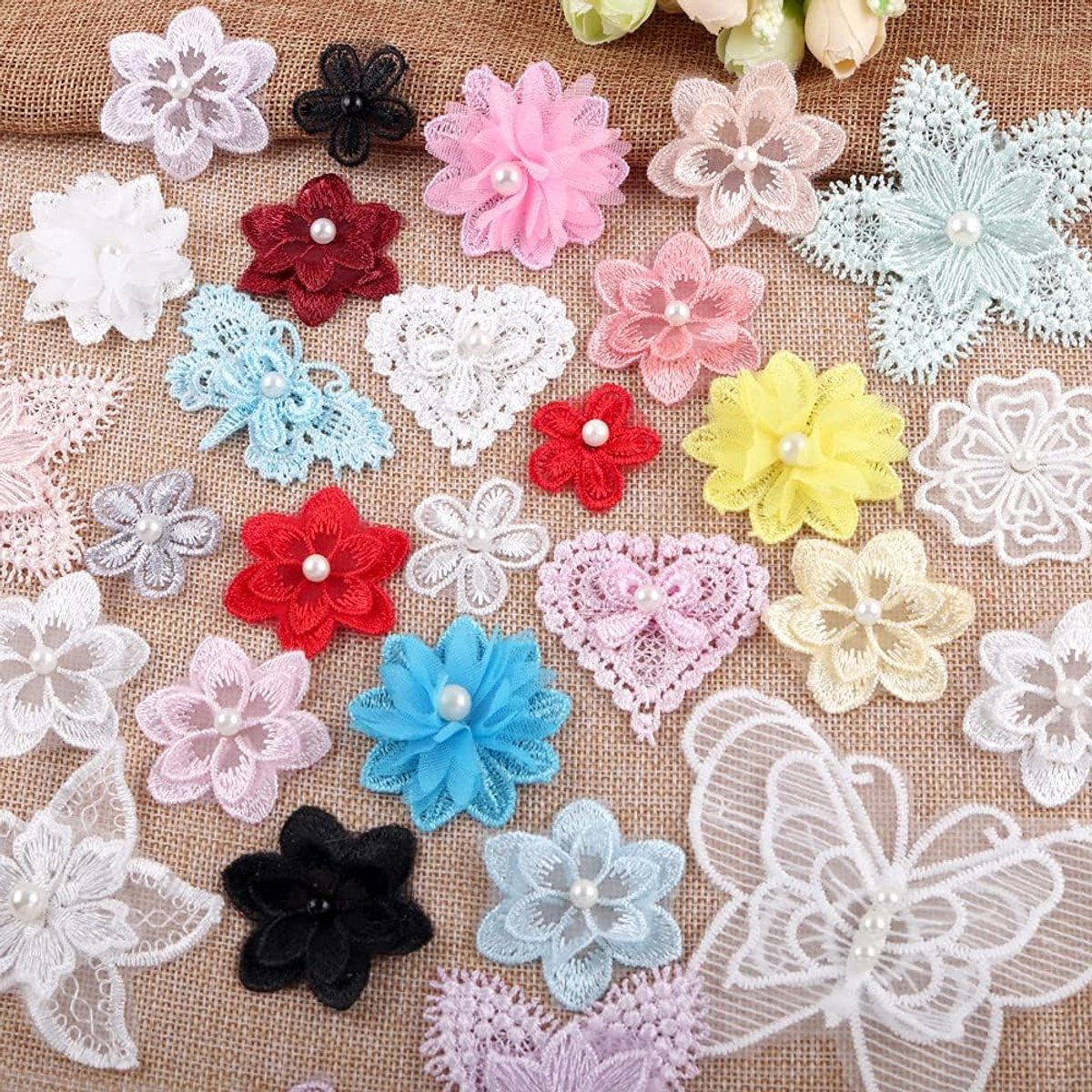 SnelShoppen - Strijkpatches voor Kleding, 12 Stuks Kanten Organza Parels Bloemige Geborduurde Applicaties Patches voor Strijken, Naaiwerk, Decoratie,
