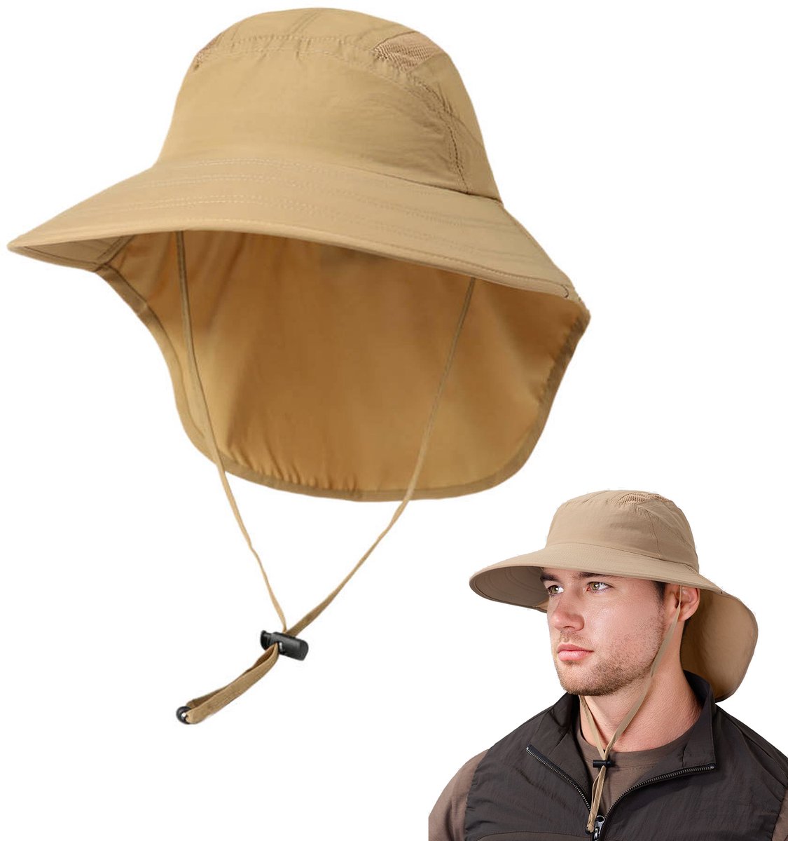 Zonnehoed Heren - Vissershoed met Nekbescherming - UV Outdoor Hoed - Safari Hoed voor Wandelen, Vissen, Camping en Trekking - Khaki - M 56-58 cm