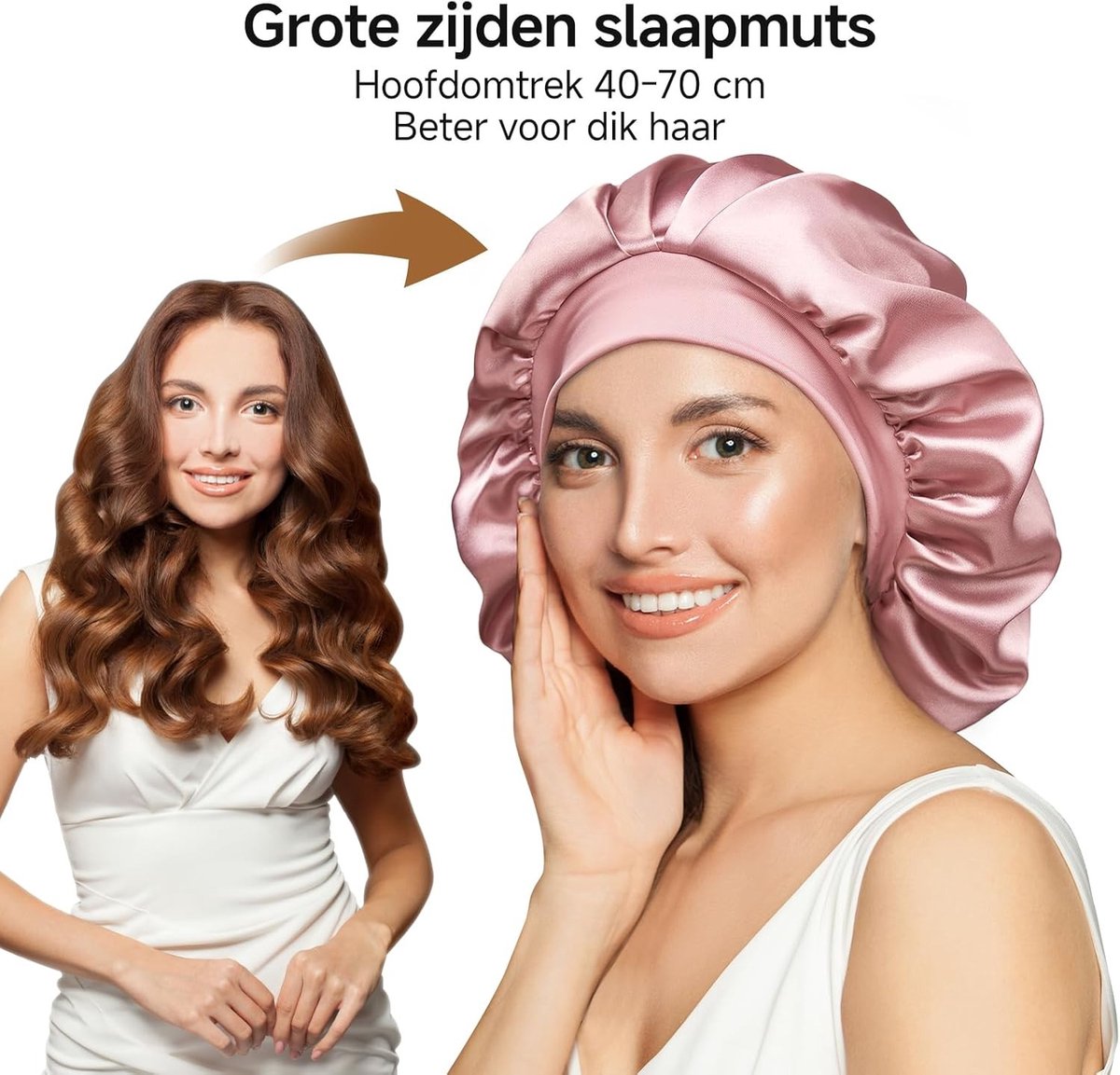 Zijde Slaapmuts 22 Momme met 100% Moerbeizijde Voering – Dubbele Laag, Grote Maat voor Lang of Krullend Haar, Verstelbare Elastische Band, Zacht en Beschermend, Roze
