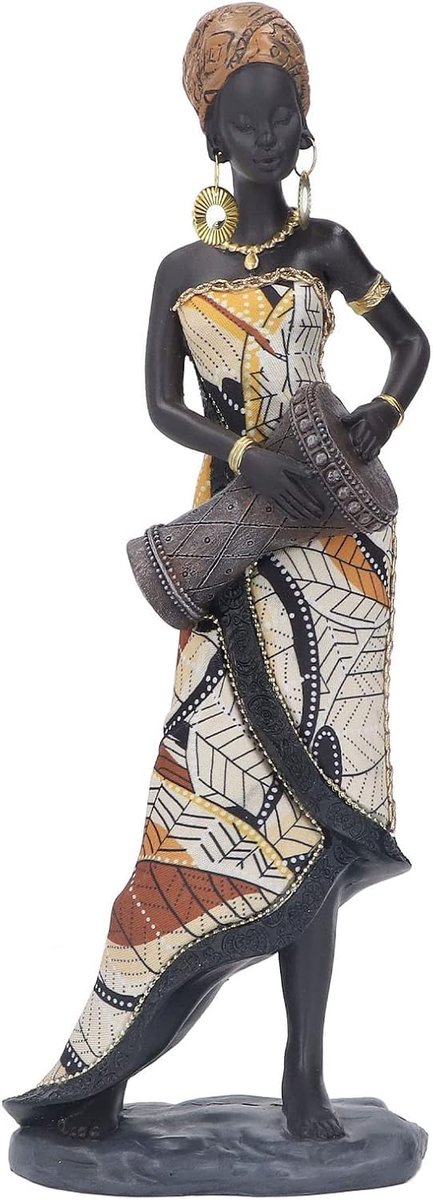 Afrikaanse Trommelstandbeeld 30 cm - Antiek Resin - Handgemaakt Tribal Vrouw - Unieke Decoratie voor Woonkamer - ShopVlot