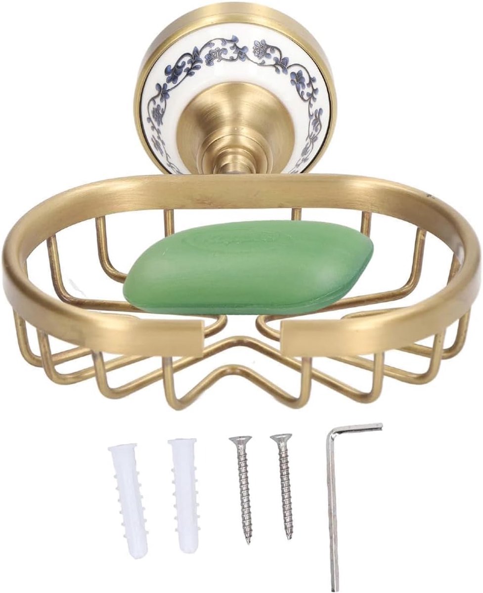 SnelShoppen - Antieke Messing Zeepdish, Wandmontage Zeepmand voor Badkamer, RVS Zeep Houder met Celadon Decor, Ideaal voor Douche en Wastafel