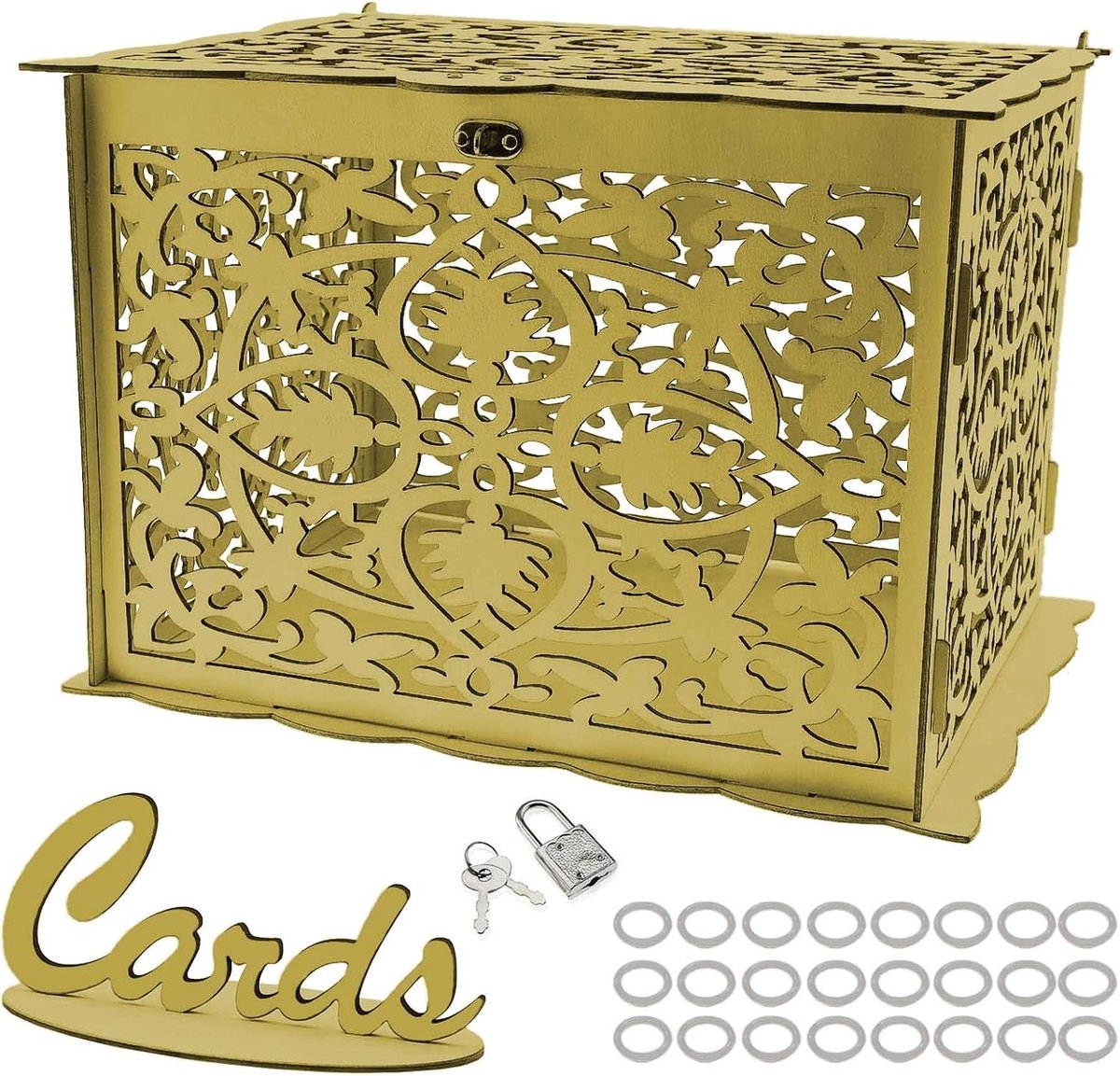 SnelShoppen - Houten Bruidskaart Geschenkdoos met Slotsleutels voor Babydouches en Verjaardagen - 32x24x22cm - Gouden Kleur - Lichtgewicht en Duurzaam