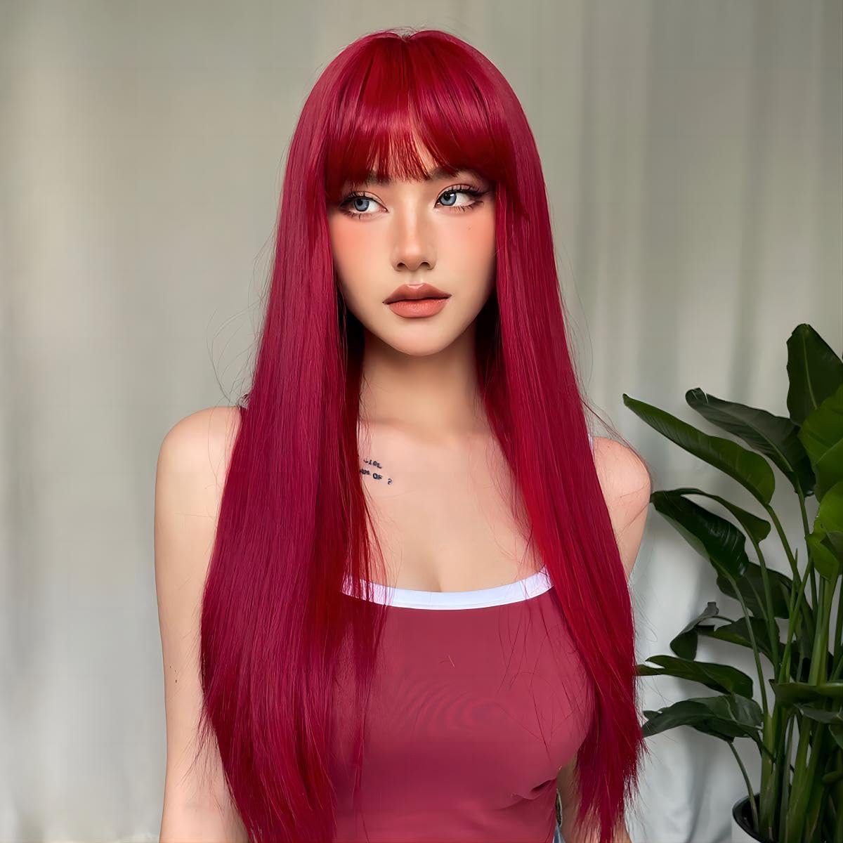 SnelShoppen - Lange Rechte Cosplay Peruk Rood met Pony voor Vrouwen en Meisjes, Natuurlijke Synthetische Haar, 70 cm, Perfect voor Carnaval & Hallowee