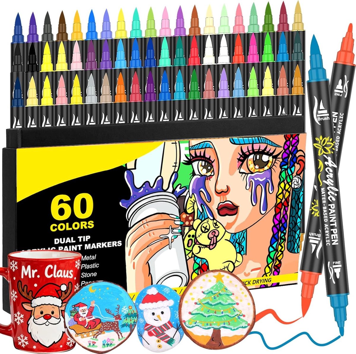 Acrylverfmarkers - 60 Kleuren - Flexibele Penselen (1-5mm) - Watergedragen en Sneldrogend - Voor Creatieve Projecten