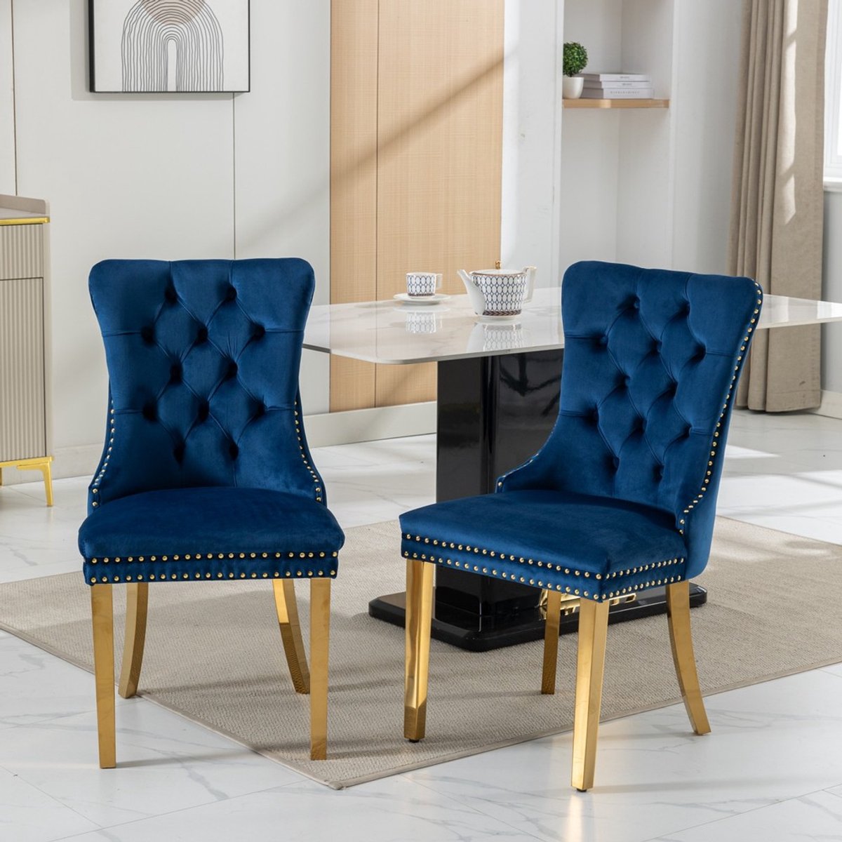 Pugsdrly Collection Modern, hoogwaardige getufte, eigentijdse eetkamerstoel van massief hout met fluwelen bekleding, poten met gouden roestvrijstalen afwerking, spijkerkopafwerking, set van 2, blauw, DE1601BL
