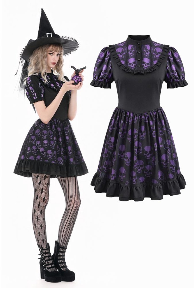 Dark in Love - Purple Skull Whisper Dark Lolita with Skull Print Korte jurk - M - Zwart/Paars