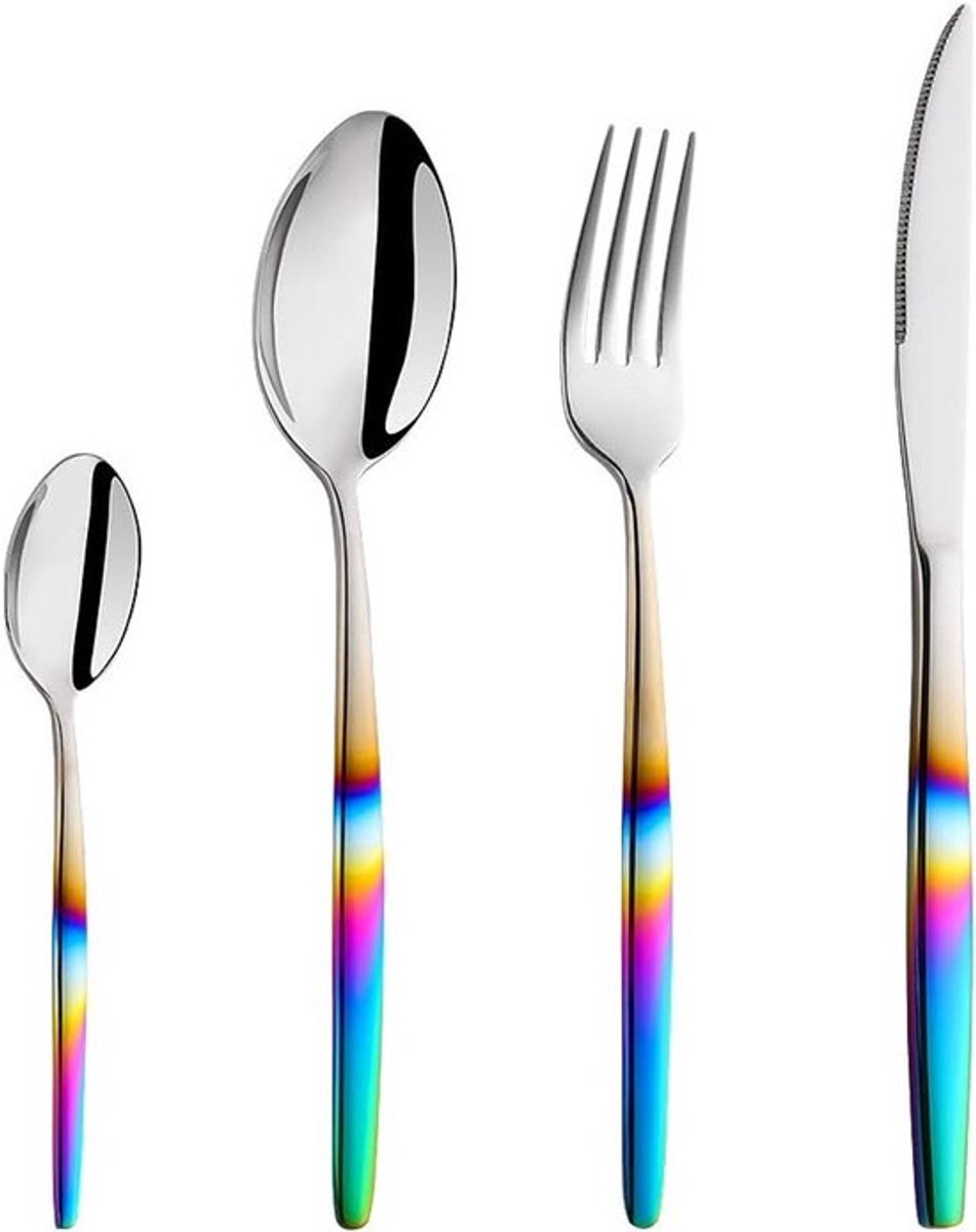 Stijlvolle 4-delige Bestekset van RVS met Regenboog Handvatten voor 1 Persoon - Vaatwasmachinebestendig Bestek met Lepel, Vork en Mes