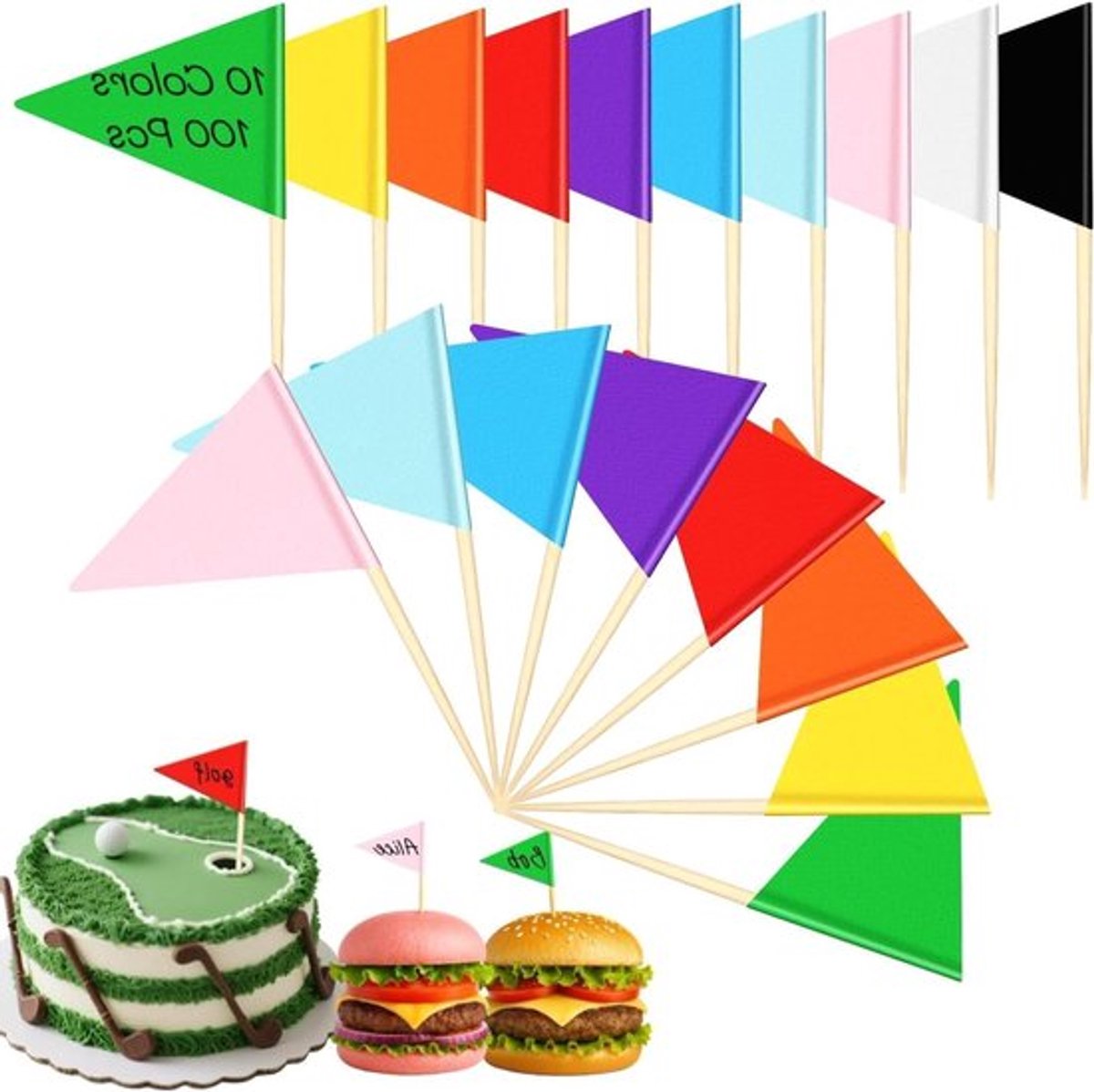 Set van 100 Lege Tandenstokers met Vlaggetjes, Kleurrijke Cupcake Topper Vlaggen, Mini Driehoekige Vlaggen voor Feestjes en Taartbuffet, Schrijfbare Oppervlakte voor Persoonlijke Berichten