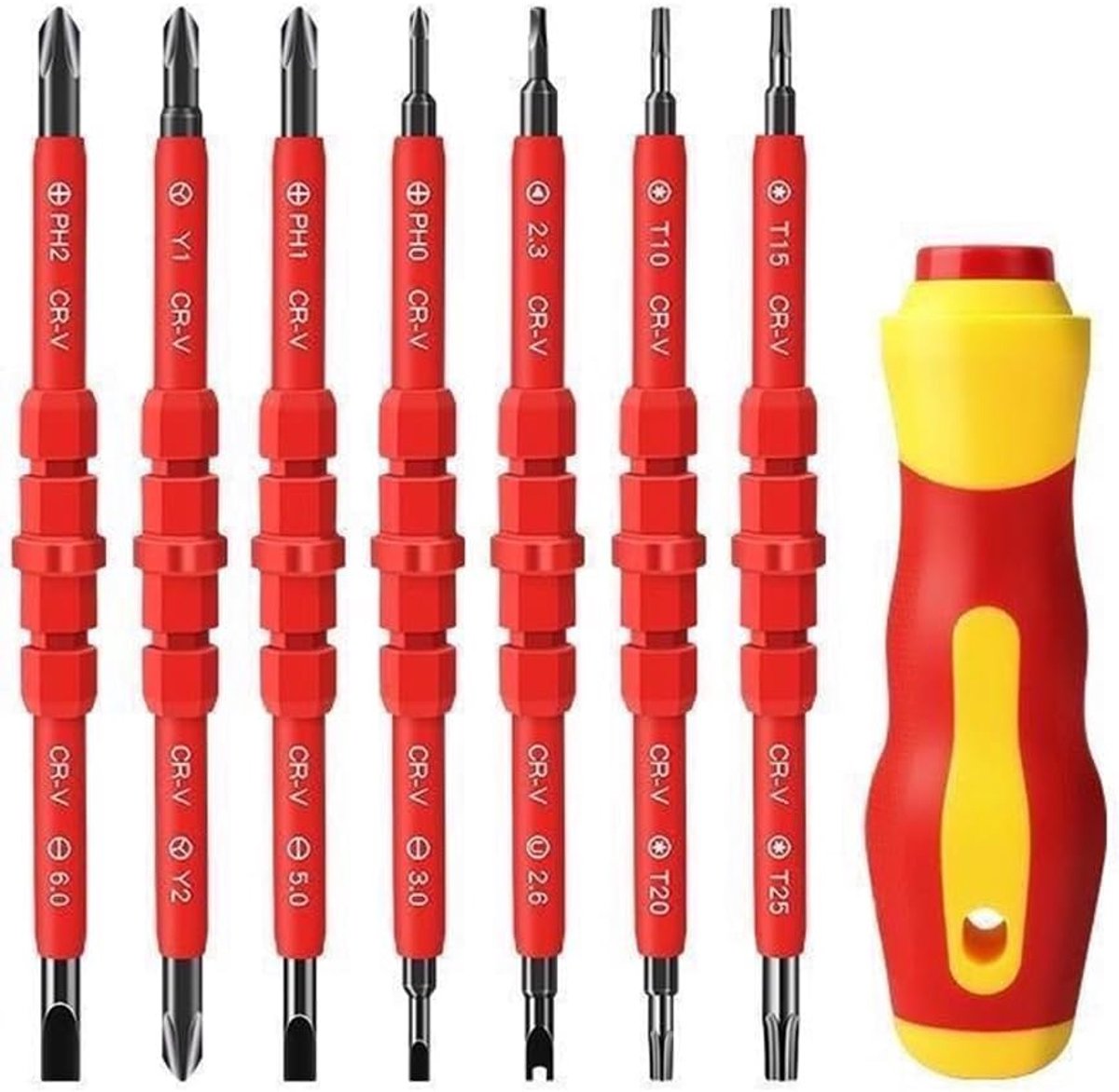 SnelShoppen - Isolatie Schroevendraaierset Rood, 7 in 1 Multifunctionele Schroevendraaierset voor Elektriciens, Verwisselbare Magnetische Schroevendra
