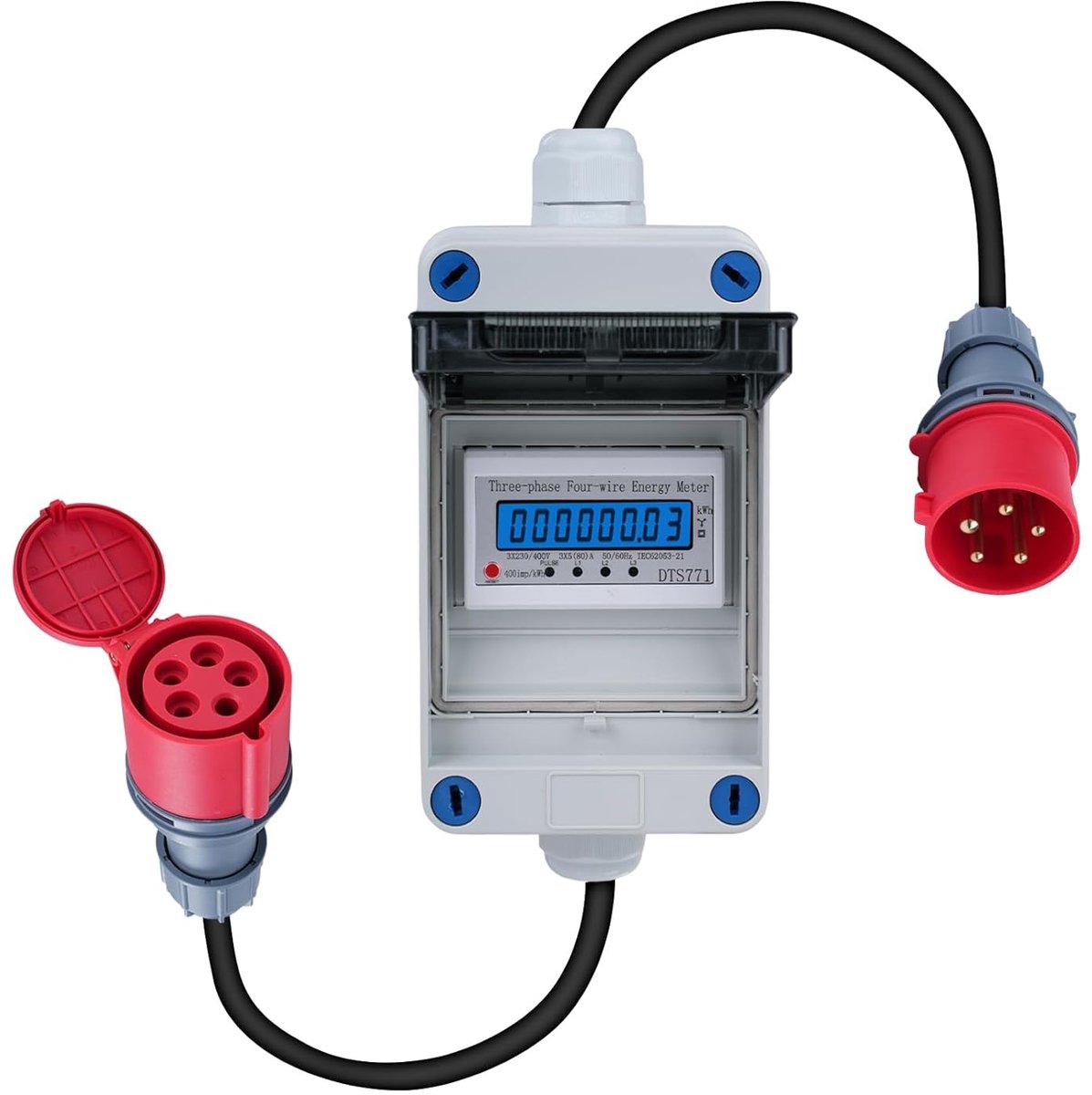 SnelShoppen - Mobiele Digitale Stroommeter 3-fase 32A 400V CEE Plug met Resetfunctie en 2m Kabel IP44 - Energieteller Voor Thuis, Camping, Tuin, Evene