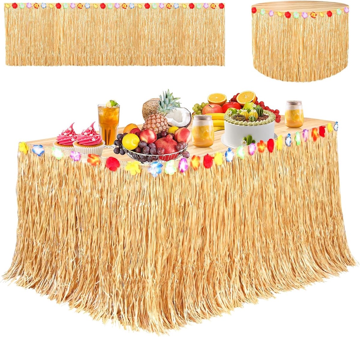 Mumjooyi Hawaiian Table Skirt, Hawaiian Party Decoration, Table Skirt with Colorful Flowers for BBQ Costume Party - ShopVlot