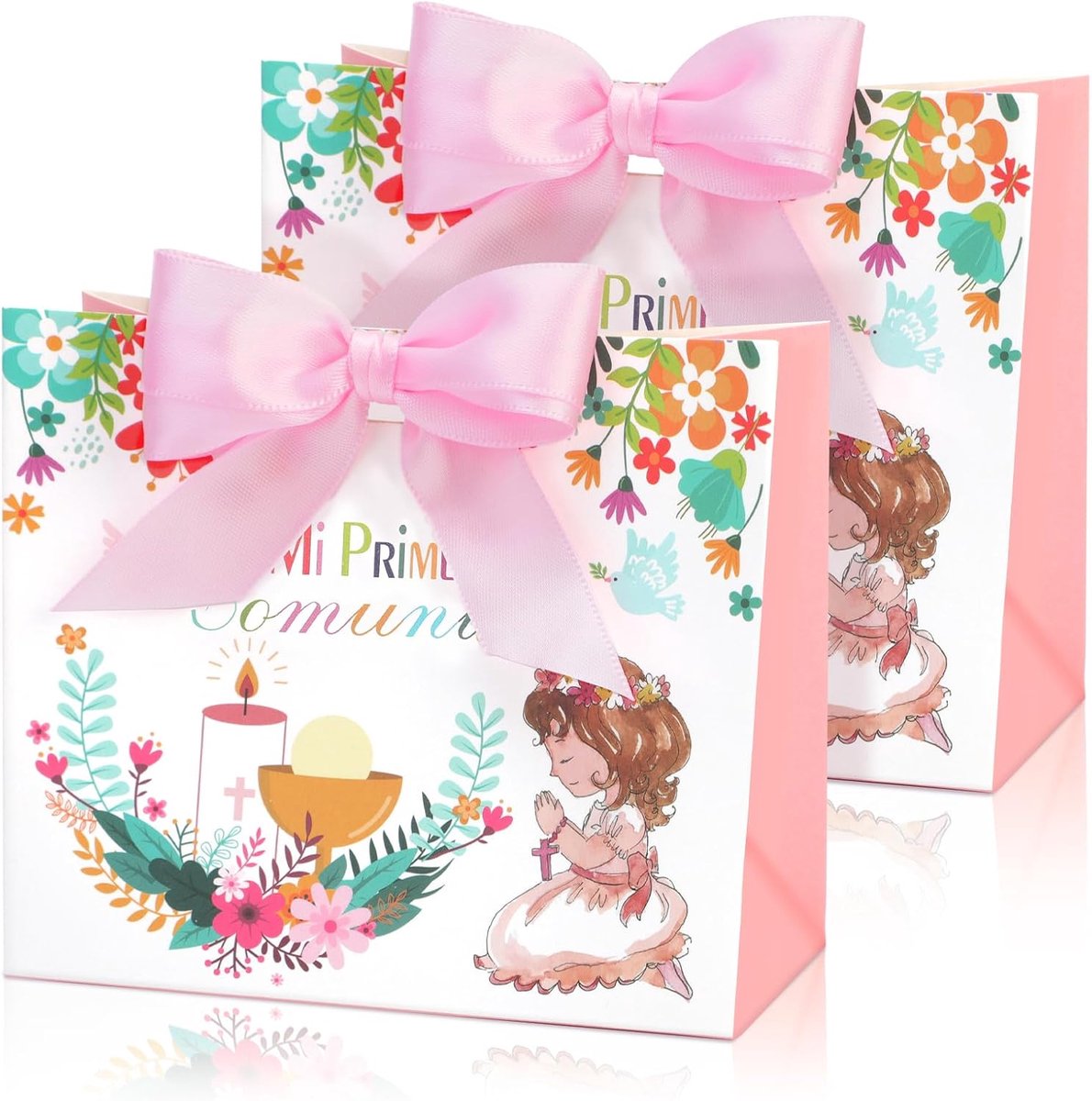 DPKOW 12 pieces pink Mi Primera Comunión Cajas for Niñas Recuerdos for Invitados de Comunión, Pink Comunión Bolsas de - ShopVlot