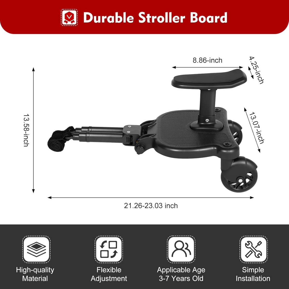 Meerijdplank Kinderwagen - Buggy Board - Extra Kind Mee - Met Afneembare Zitting - Tot 25 kg - Zwart
