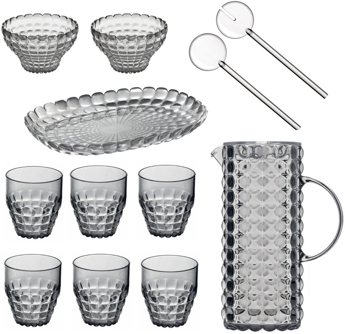 Guzzini Tiffany Tafelset 11-delig – Slabestek, Karaf, 6 Glazen, 2 schaaltjes & Dienblad – Kunststof, Transparant Grijs – Voor Tafel, Terras & Buiten – Vaatwasserbestendig & BPA-vrij – Made in Italy