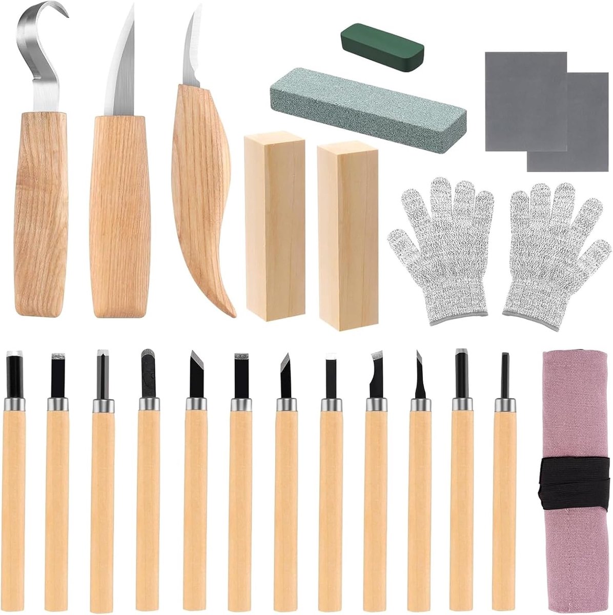 SnelShoppen - 24-delige Houtbewerkingsset, Professionele Houtgraveerset voor Beginners en Professionals, Ergonomische Handgrepen, Hoogwaardige Chrome
