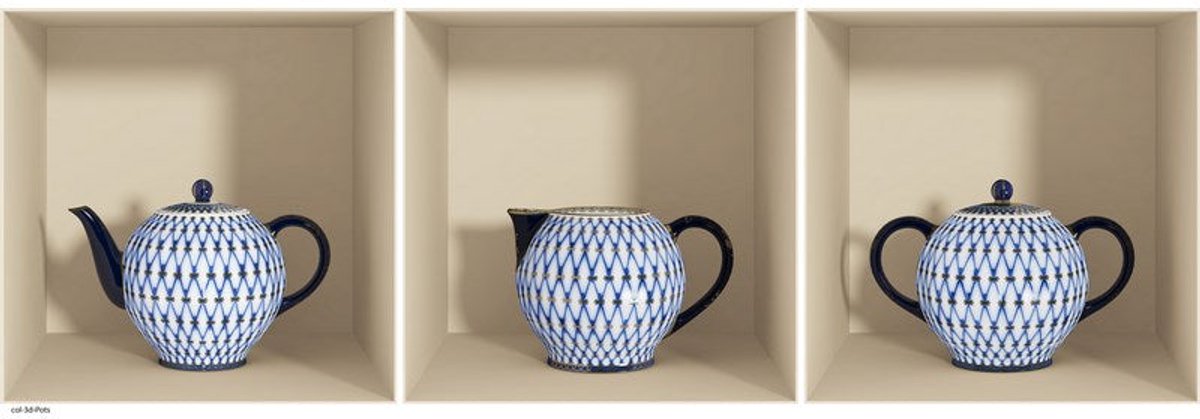 Ambiance Sticker Sticker met 3D-effect, blauw gestreepte theepot, 40 x 120 cm Multi color