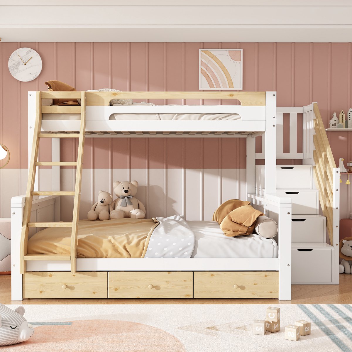 VVBV Stapelbed 200/140x200 cm - Uitvalbeveiliging, Opbergtrap, 3 Lades, Ruimtebesparend - Wit/Naturel, Massief Hout & MDF