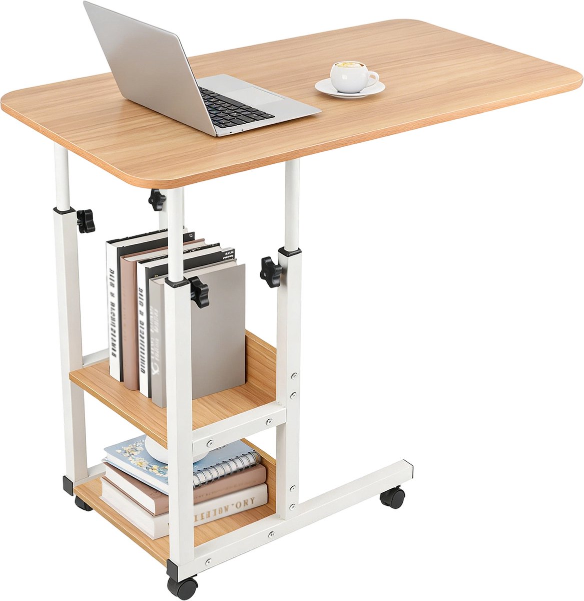 Wishdor Verrijdbare Laptoptafel - In Hoogte Verstelbaar - Walnoot - 80x40 cm - Computertafel met Wielen & 2 Legplanken - Bedtafel - Banktafel