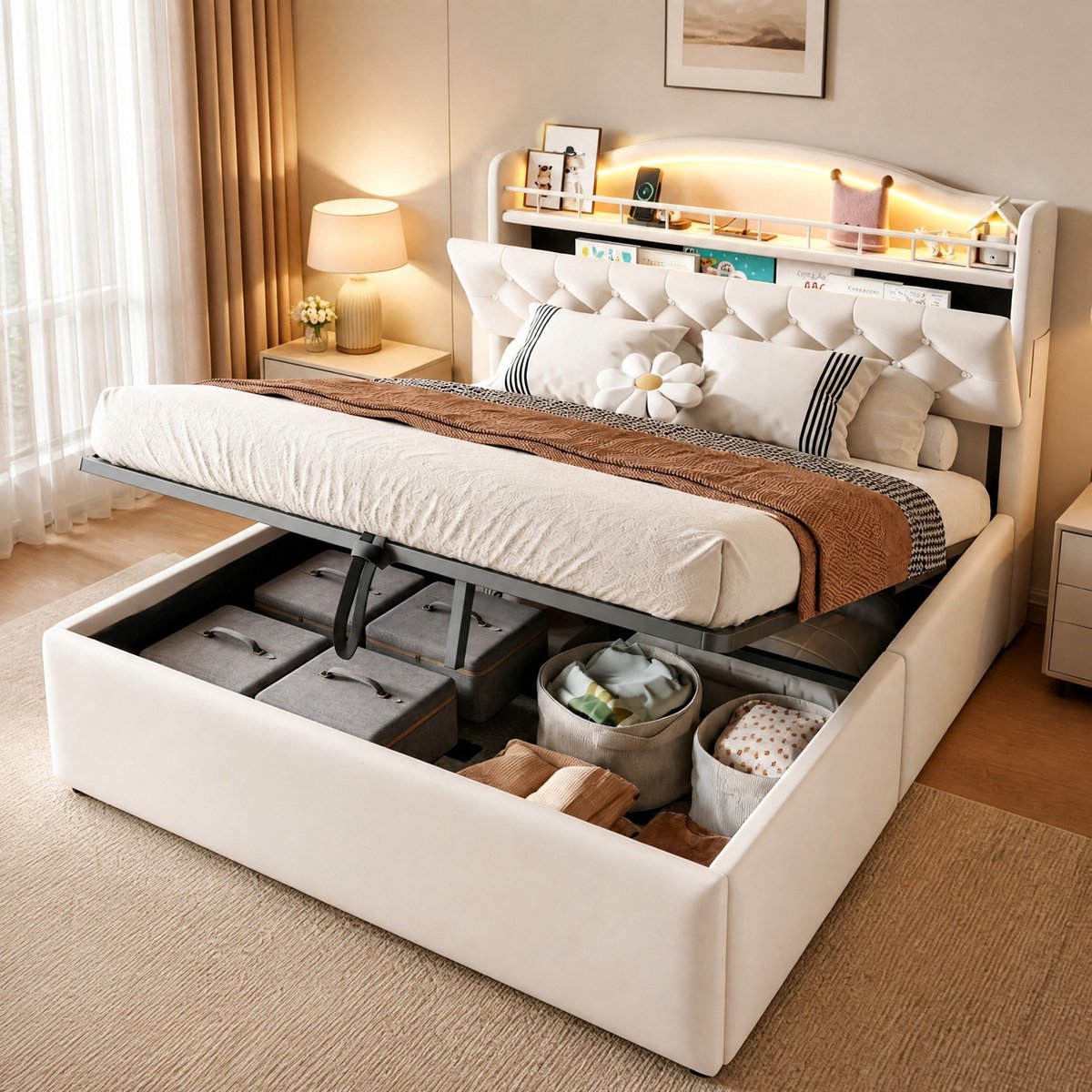 DESMIU Gestoffeerd Bed 140x200 cm – Hydraulisch Opbergbed met LED-verlichting en USB-C – Hoofdbord met Opbergruimte – Volwassenen – Beige – Zonder matras