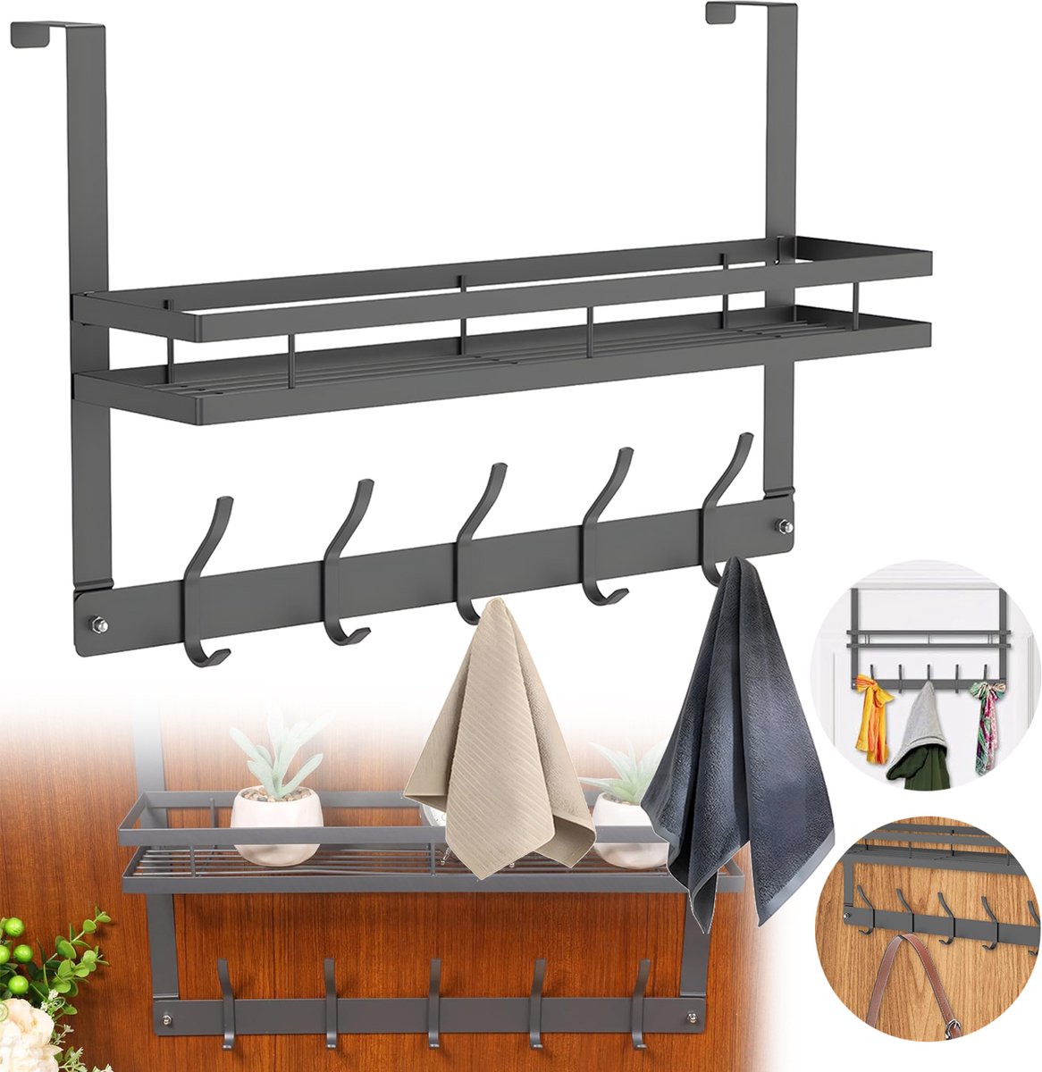 Deurrek met Haken - Metalen Opbergrek voor Badkamer/Slaapkamer
