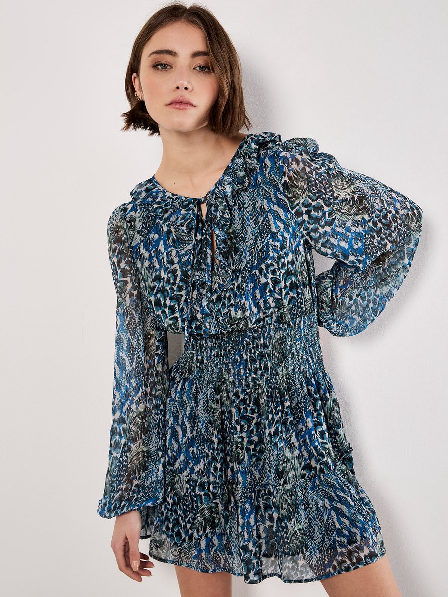 Feather Print Chiffon Mini Dress
