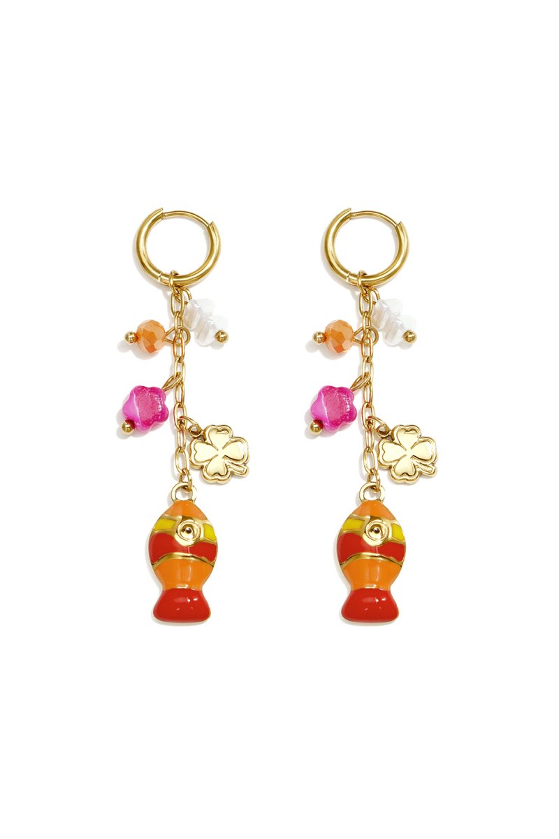 Bijoutheek Oorhangers Vis Kralen Klaver Fuchsia Oranje Goudkleurig