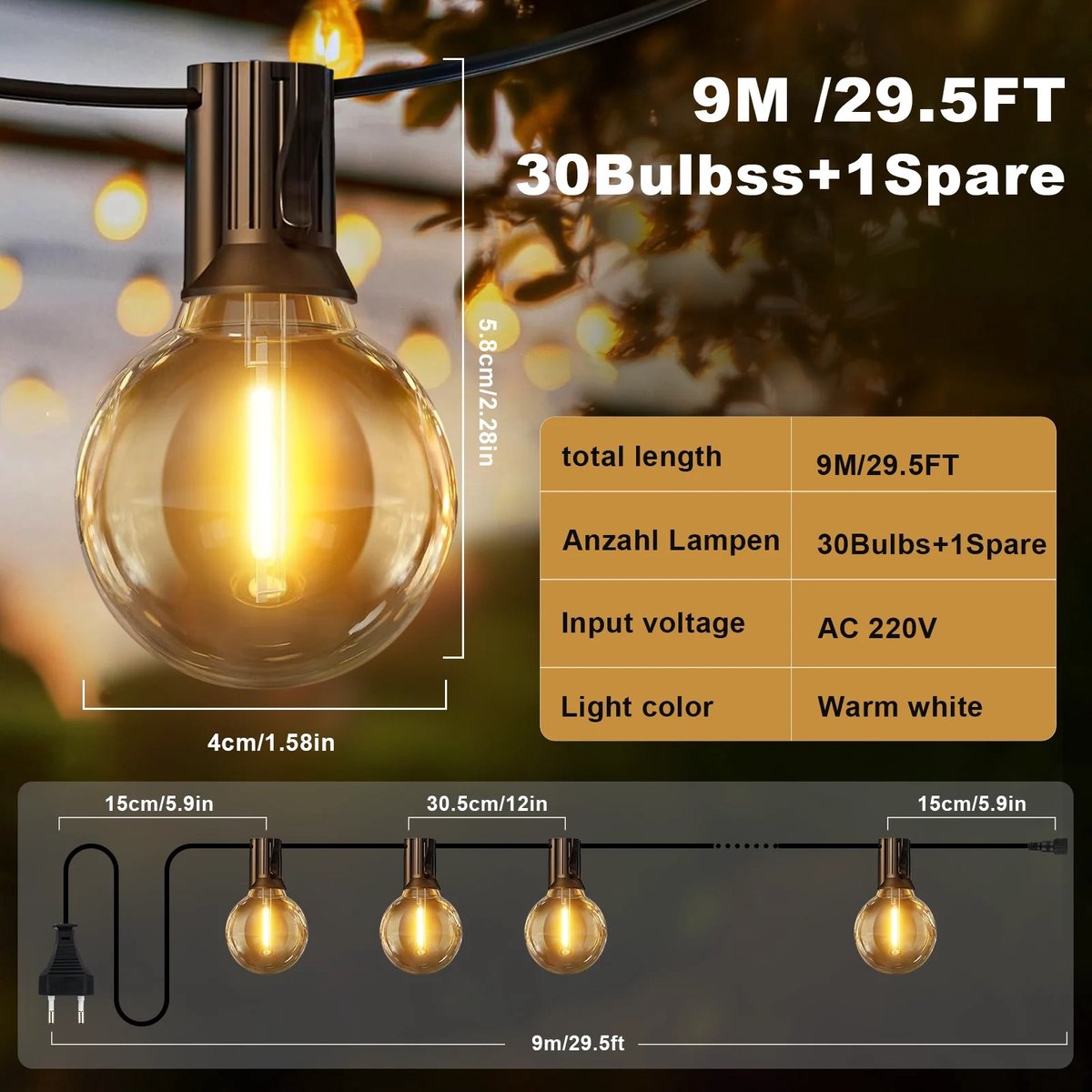 Lichtsnoer | 9 meter met 30 kunststof LED bulbs | Warm wit | IP44 Spatwaterdicht | Koppelbaar & Dimbaar | Tuinverlichting | Prikkabel