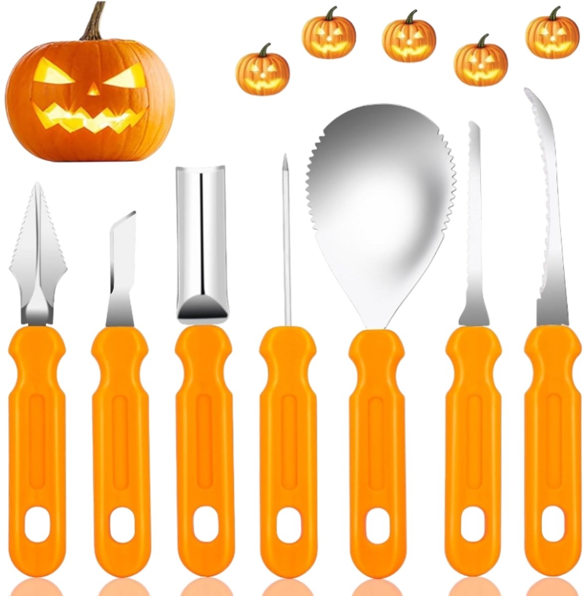 7 stuks-Pompoensnijset - Pompoenlantaarnsnijmes - RVS - Snijmes - Geschikt voor volwassenen en kinderen - Perfect voor het snijden van pompoenlantaarns met Halloween - Oranje