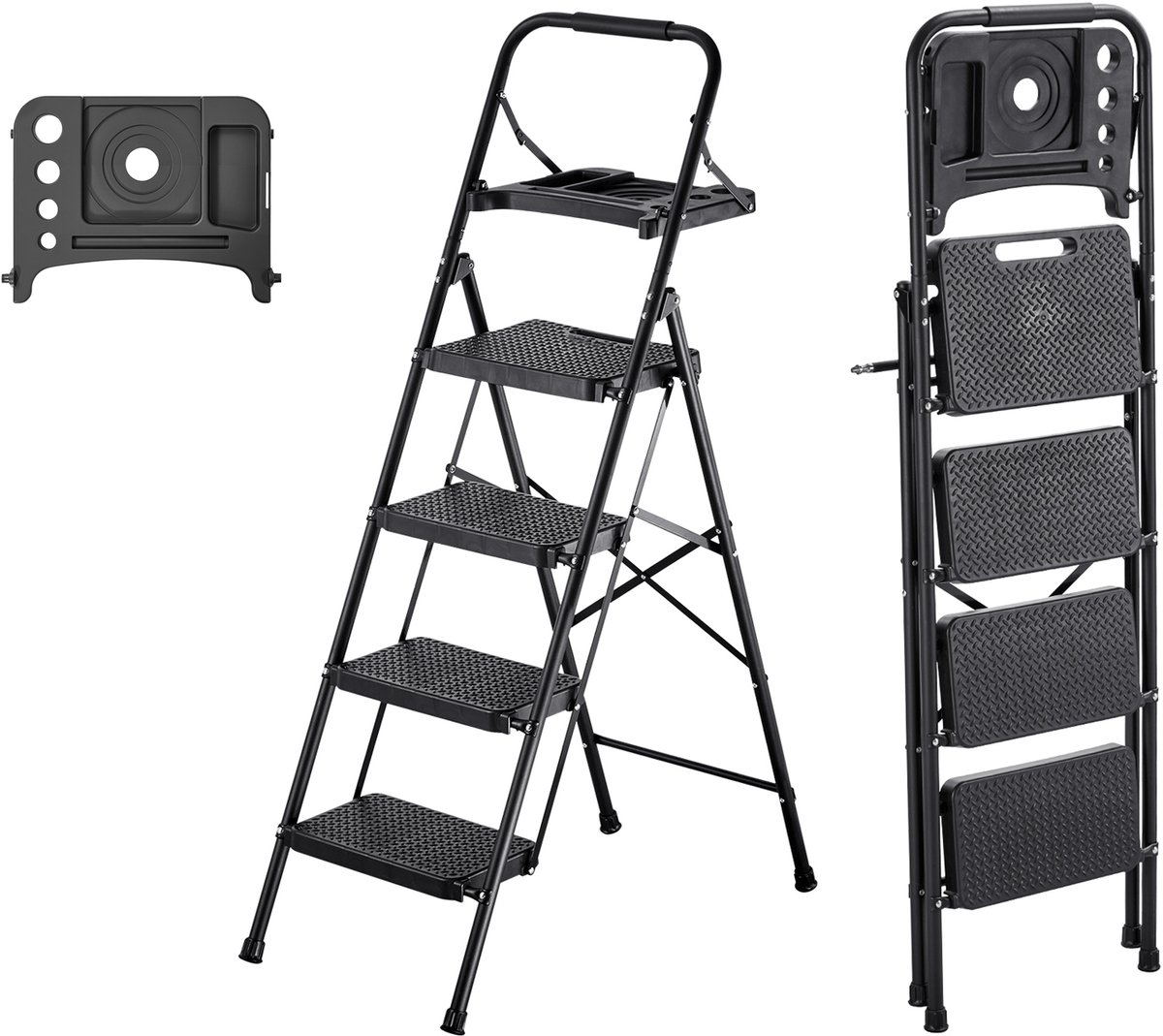 4-Treden Opvouwbare Ladder met Gereedschapsbak en Comfortabele Handgreep, Huishoudladder met Een Draagvermogen tot 272 Kg, Trapladder, Opvouwbare Kruk, Veiligheidsladder voor Gebruik in Keuken, Huis en Kantoor, Zwart