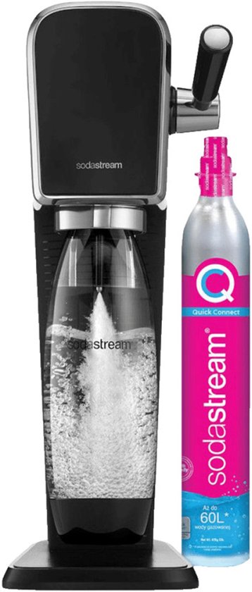 Zwart SodaStream ART bruiswatertoestel met CO2-cilinder, met een fles bruiswater erin.